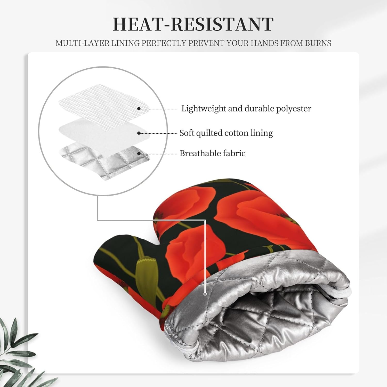 Poppy Flowers Oven Mitts and Pot Holders Set of 4 Heat Resistant Kitchen Gloves with Silicone Palm Hot Pads for Baking Cooking Grilling BBQ