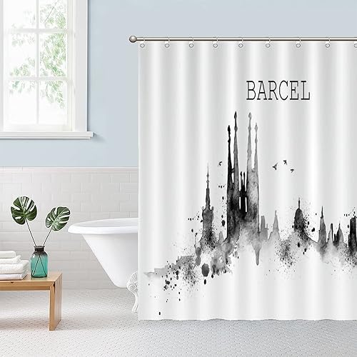 Miniatura 8 de Rimego Shower Curtain Set with 12 Hooks - Skyline Barcel White and Black Waterproof Polyester Fabric Shower Curtain for Modern Home Bathroom