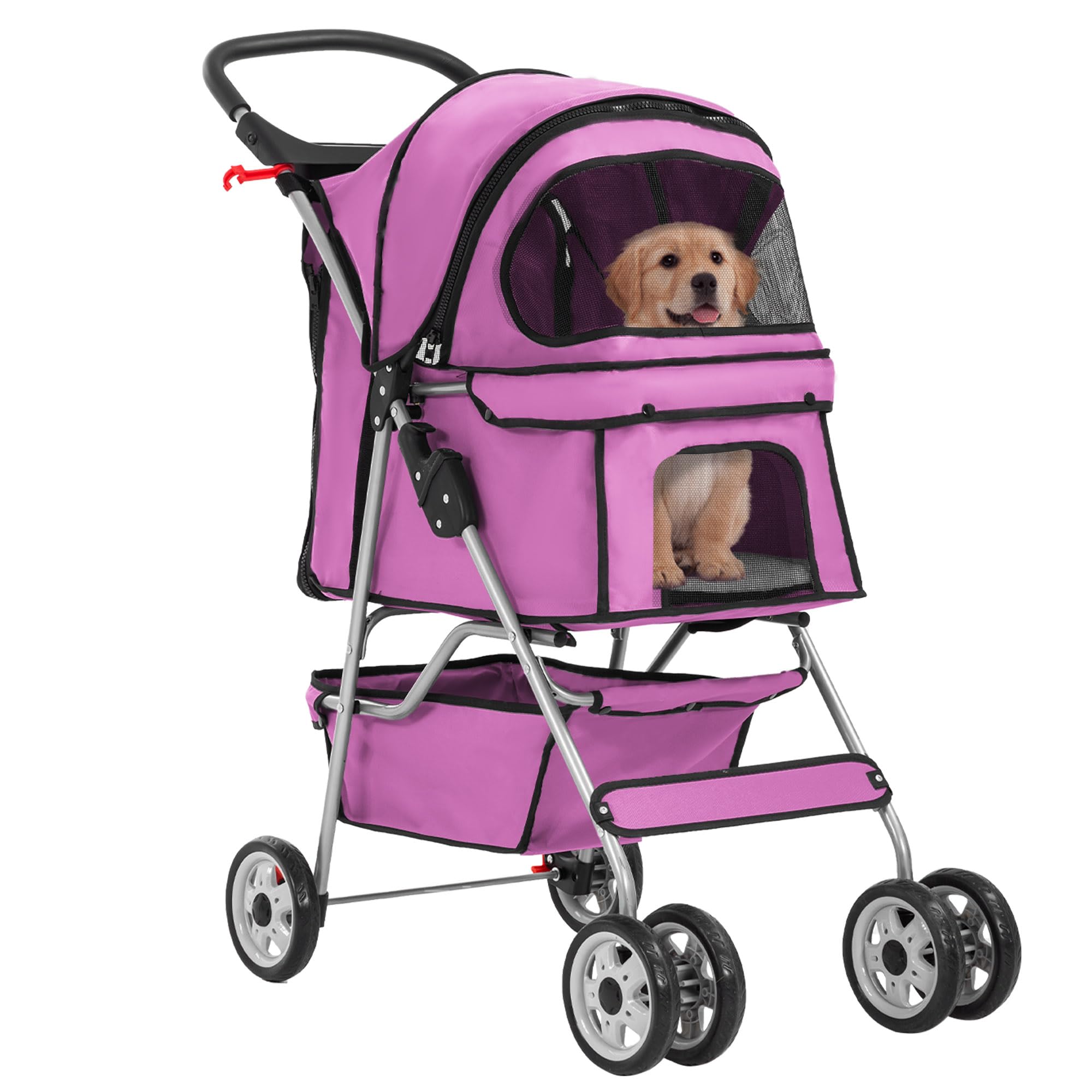 FDW Hundewagen, Faltbar Hundebuggy, Katzenwagen mit 2 360°Drehrädern, Inkl. Aufbewahrungskorb,Kissen&Netzfenstern Getränkehalter 4 Räder, bis 15 kg, Klappbar Haustierbuggy Jogger Buggy, Rosa