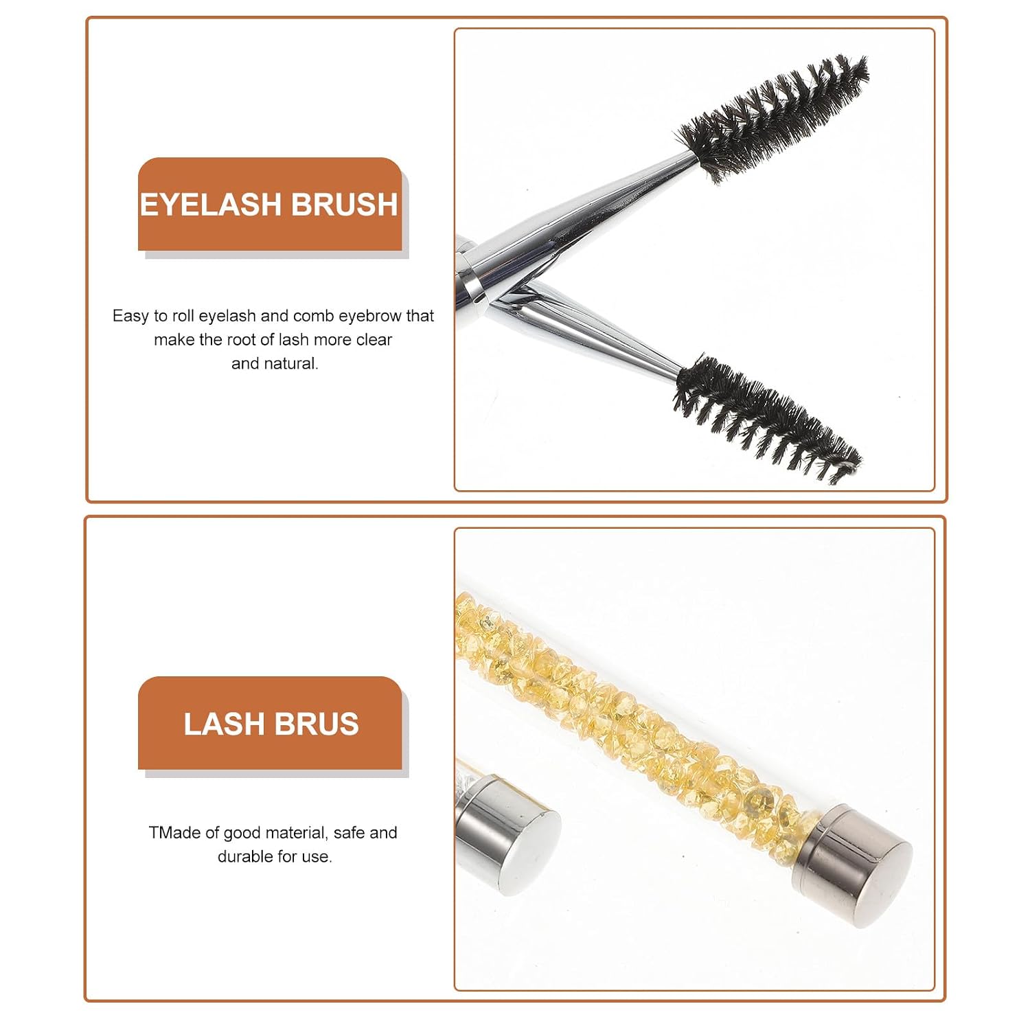 Unomor 2pcs Eyelash Brush and Brow Spoolie Set with Rhinestones, Black and Metallic Fiber Lash Brushes for Eyelash Extensions and Eyebrow Grooming, Makeup Tool for Precise Lash and Brow