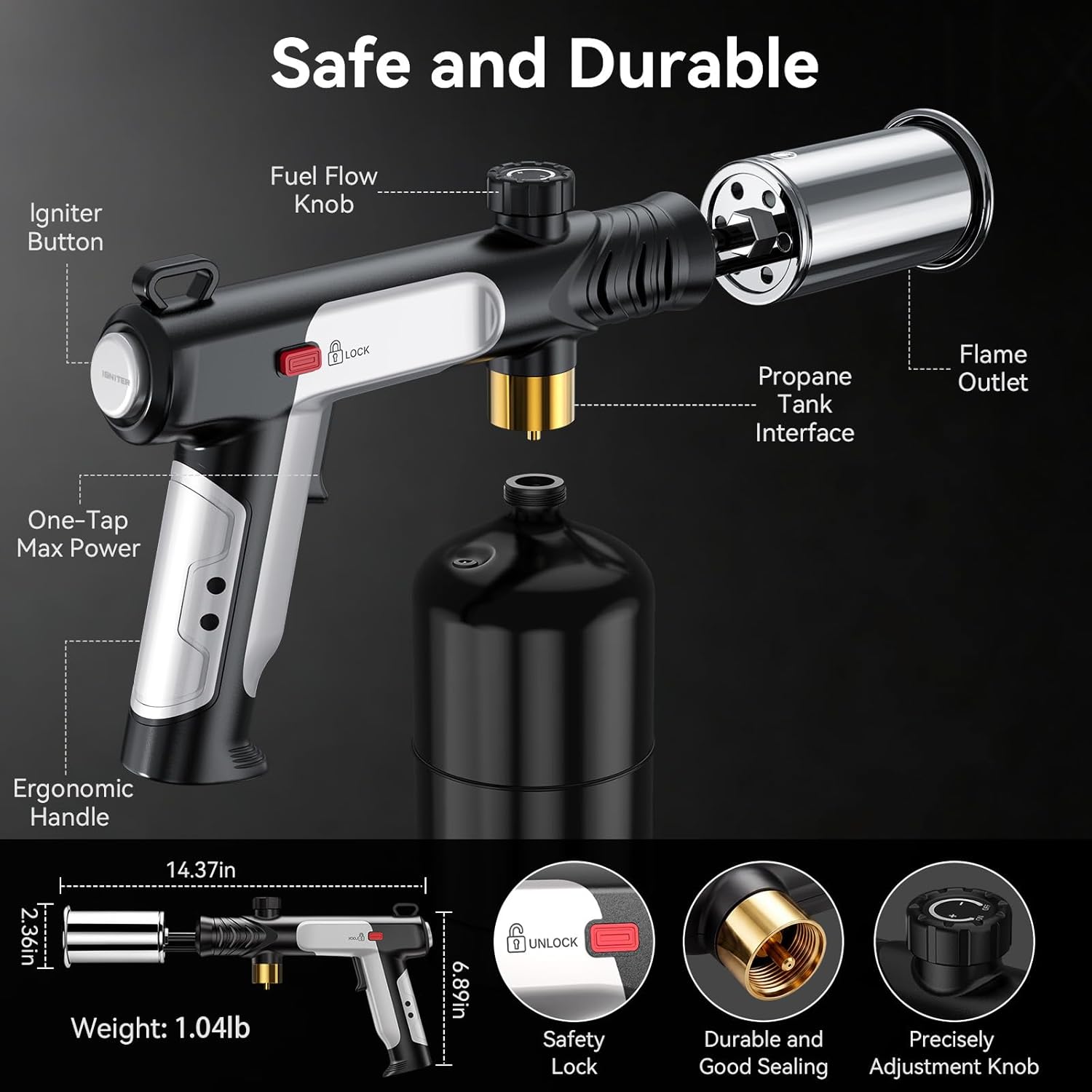 Propane Torch with Felt Storage Pouch, One-Tap Max Flame, Safety Lock, Adjustable Precision Flame, Kitchen Blow Torch Gun for Sous Vide, Searing Steak, BBQ Grill, Camping (Tank Not Included)