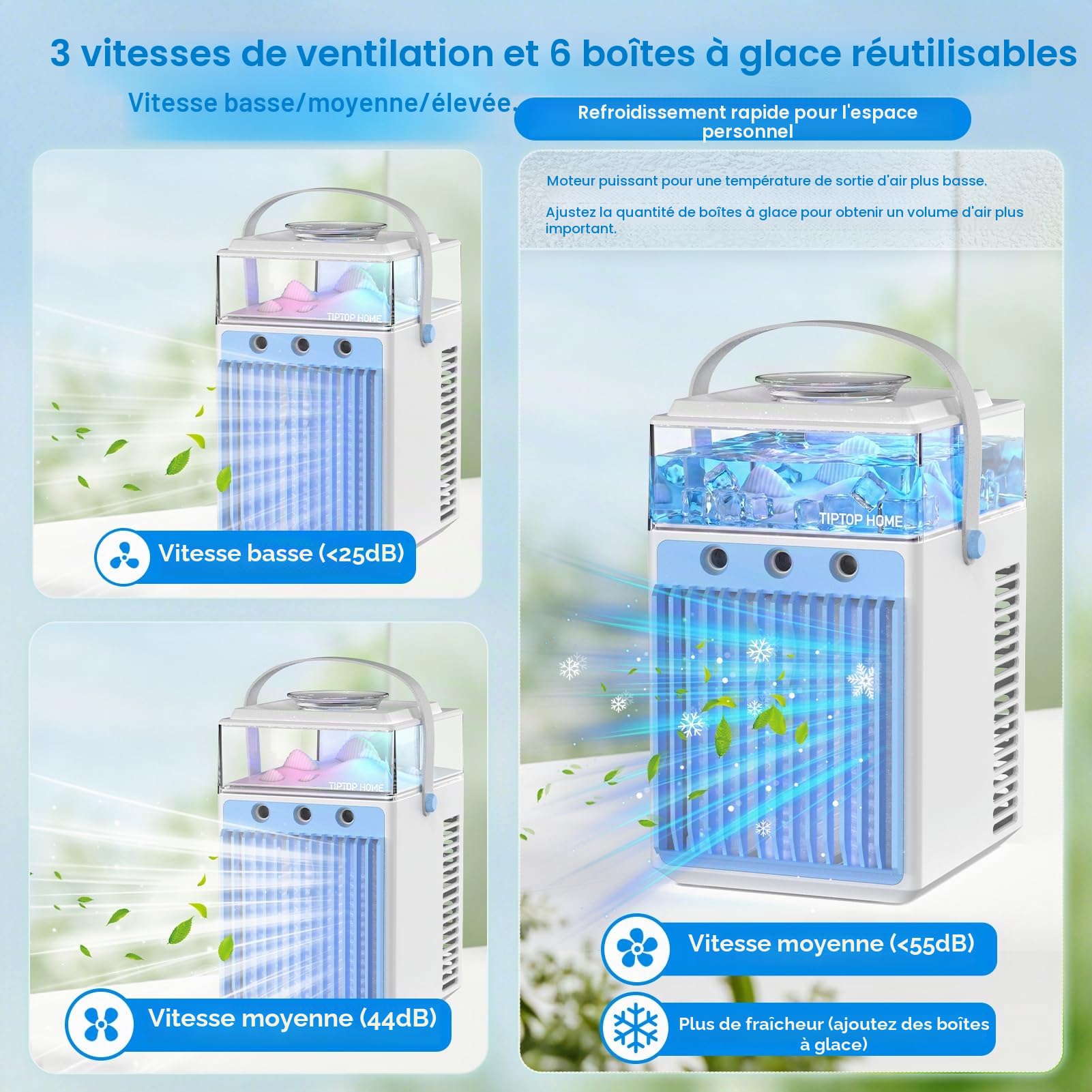 Mini Climatiseur Mobile 5 en 1, Ventilateur Portable, Ventilateur Climatiseur avec 3 Vitesses et 3 Modes Brumisation, Contrôle APP, Climatiseurs Sans Évacuation pour Chambre Voiture, 6 Glaçons