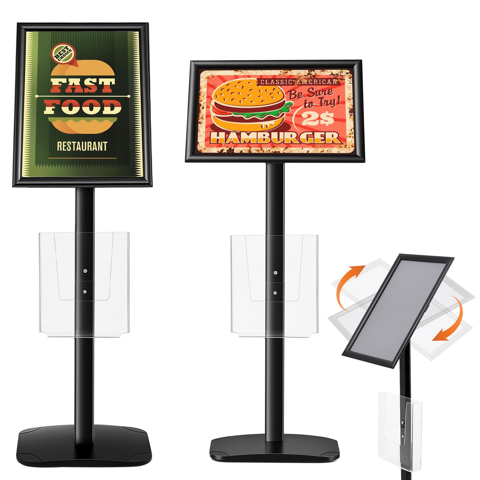 Blulu 11 x 17 Inch Decorative Advertising Sign Displays Stand with 8.5 x 11 Inch Brochure Holder, Floor Standing Pedestal Poster Sign Stand Black for Posters, Advertisements, Menus, Flyers
