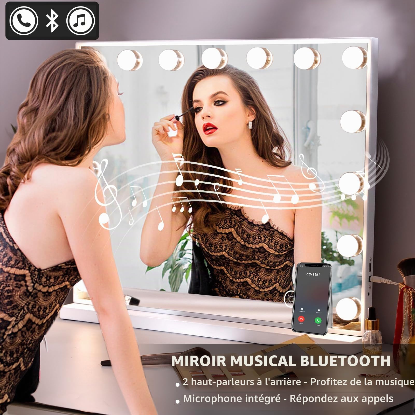Hansong Miroir Maquillage avec Bluetooth Miroir Coiffeuse Hollywood avec lumières 15 Ampoules LED éclairage 3 Couleurs