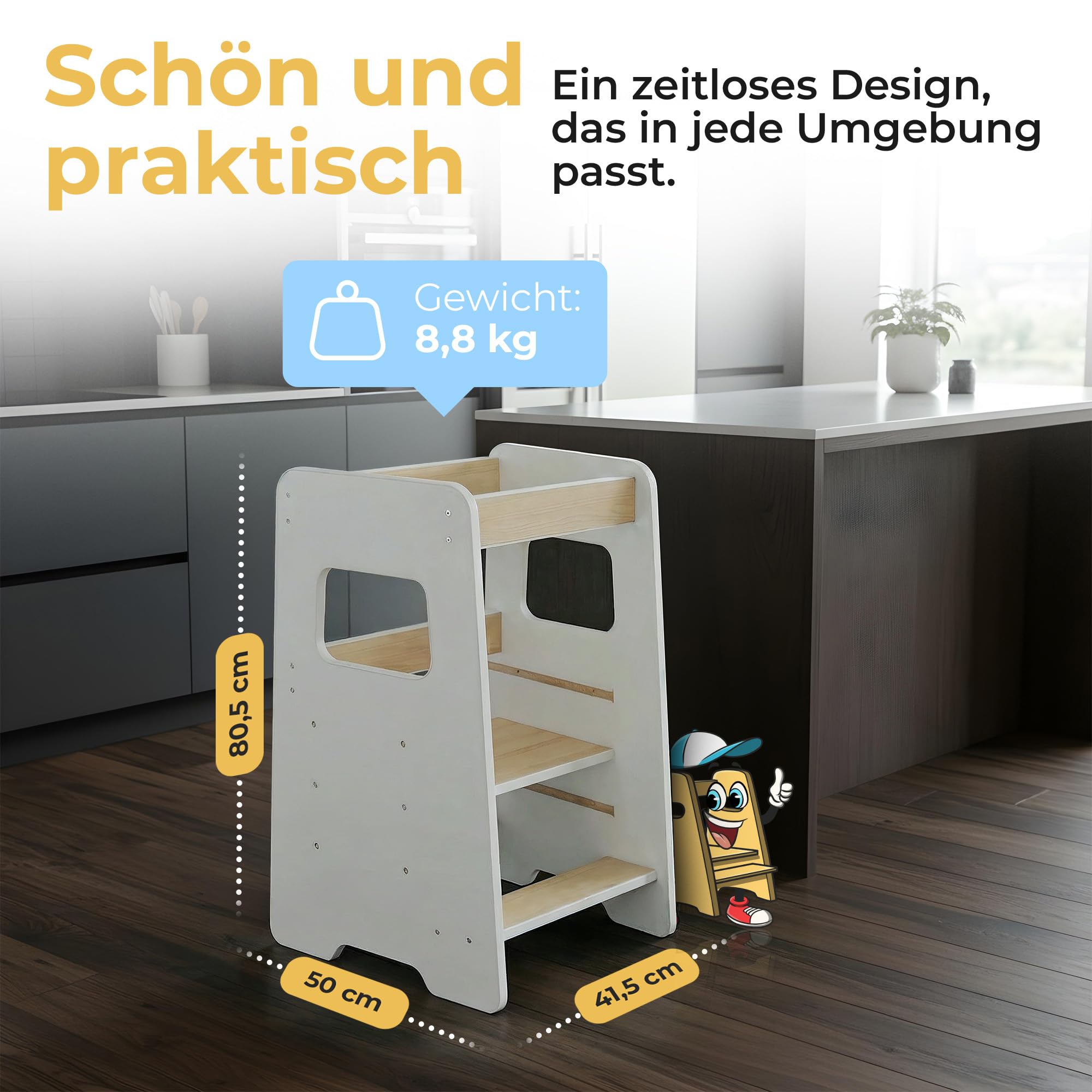 Lernturm für Kinder ab 1 Jahr – Mit Aktivitätskarten für echte Nutzung im Alltag, sicherer Learning Tower mit Wobble Stop Design, 2 Stufen & höhenverstellbar für Küche & Bad | Montessori (Weiß)