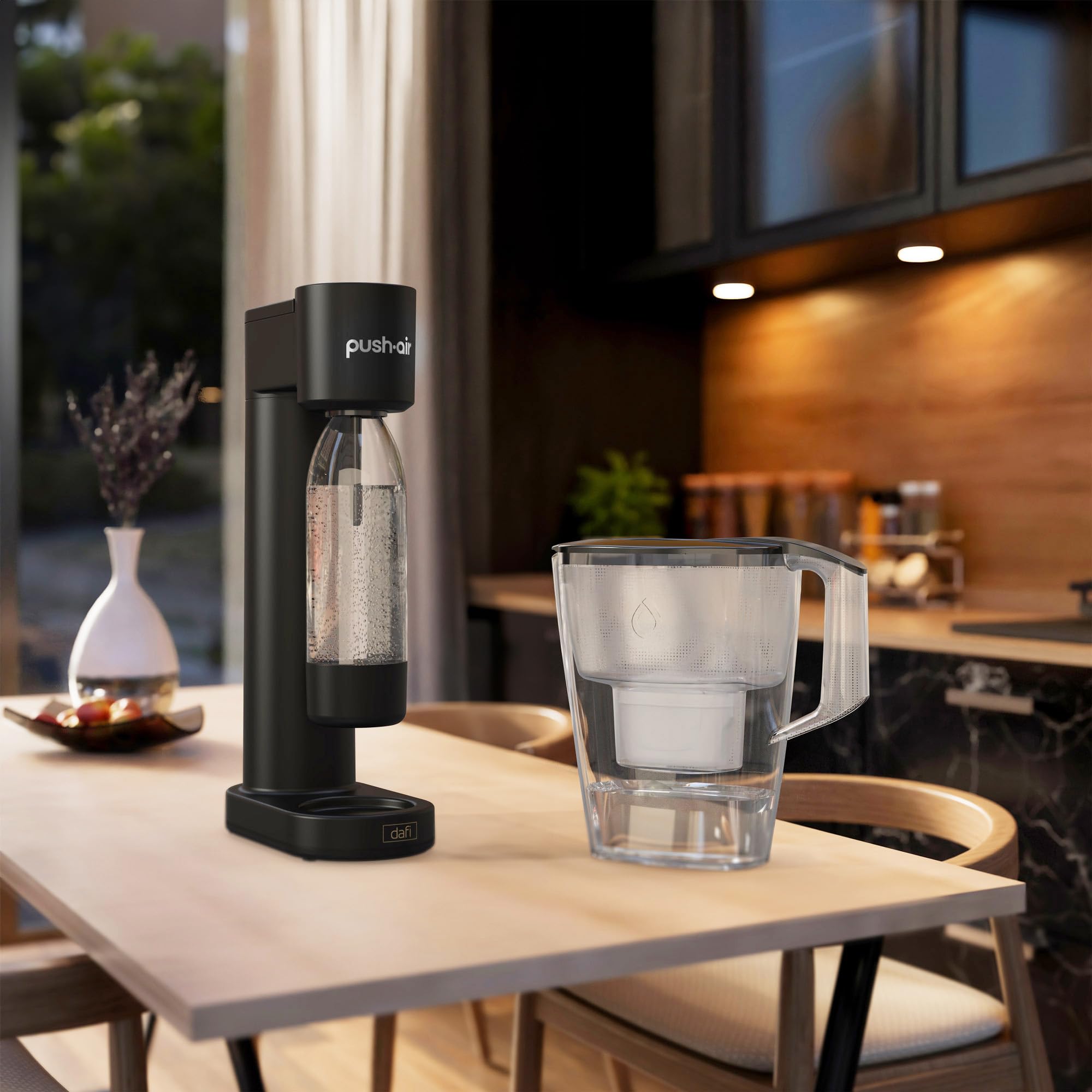 PUSHAIR - Aeratore Dafi nero con sifone + cartuccia di CO2 + bottiglia da 0,7 l, perfetta acqua frizzante in cucina, semplicità e funzionalità