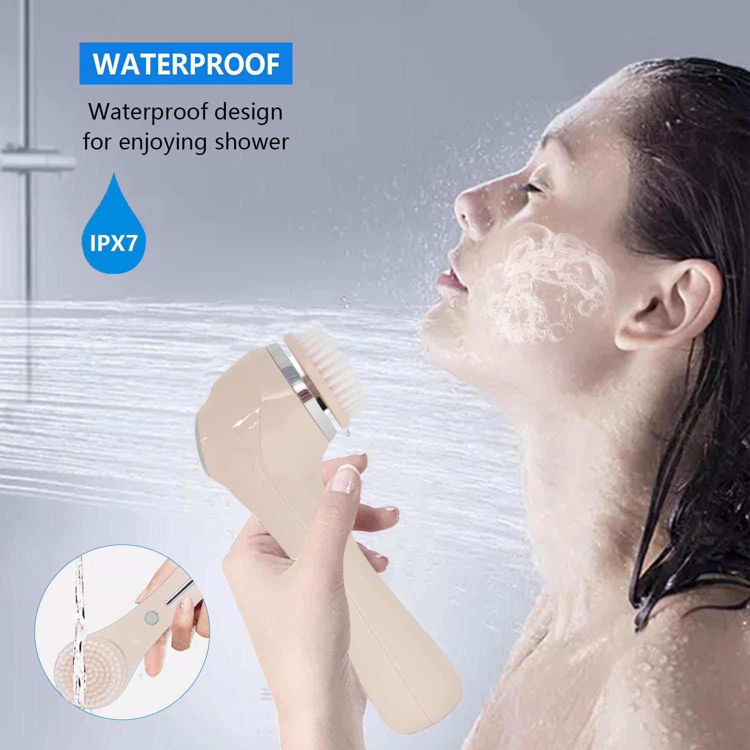 Cepillo de limpieza facial, 2 en 1, resistente al agua, IPx7, con 4 cabezales de cepillo, cepillo facial exfoliante recargable, limpieza profunda, exfolia suavemente y elimina puntos negros, rosa