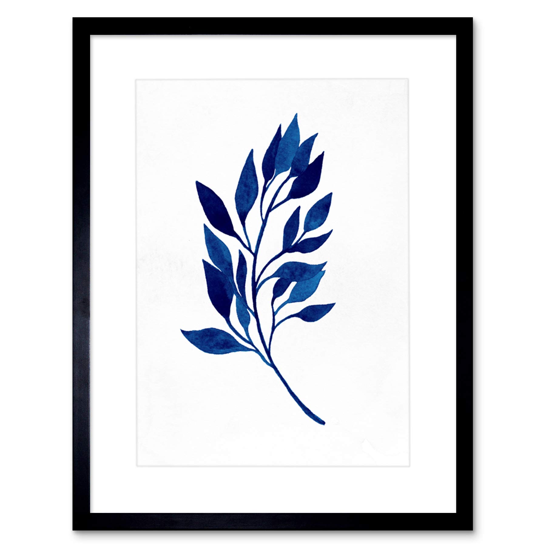 Wee Blue Coo Navy Blue Watercolour Leaves Artwork Framed Wall Art Print 12X16 Inch