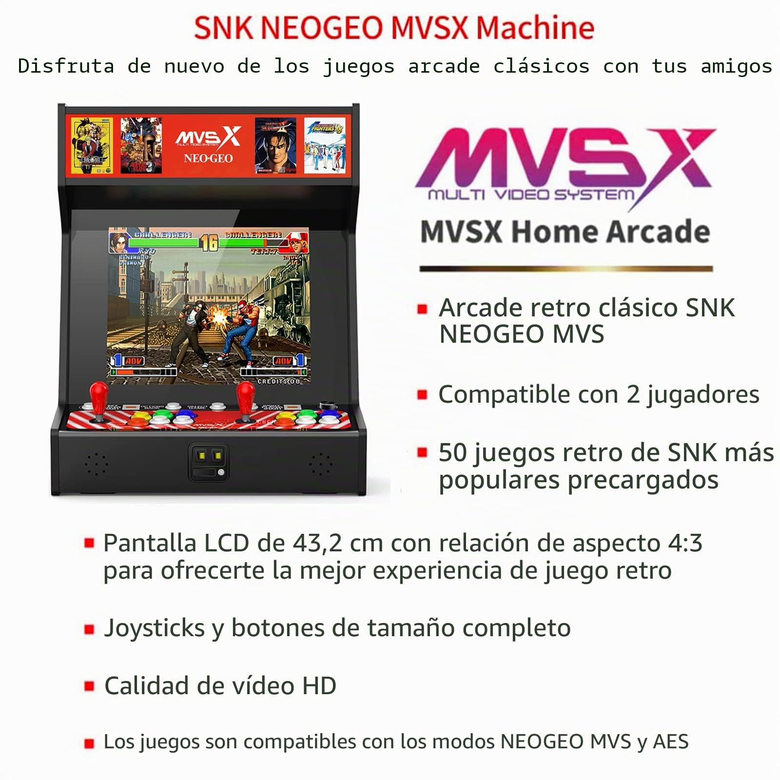 Unico MVSX Arcade con Base Combinación, 50 Juegos Retro con Licencia Oficial de SNK precargados, Admite Dos Jugadores para Jugar Juegos simultáneamente