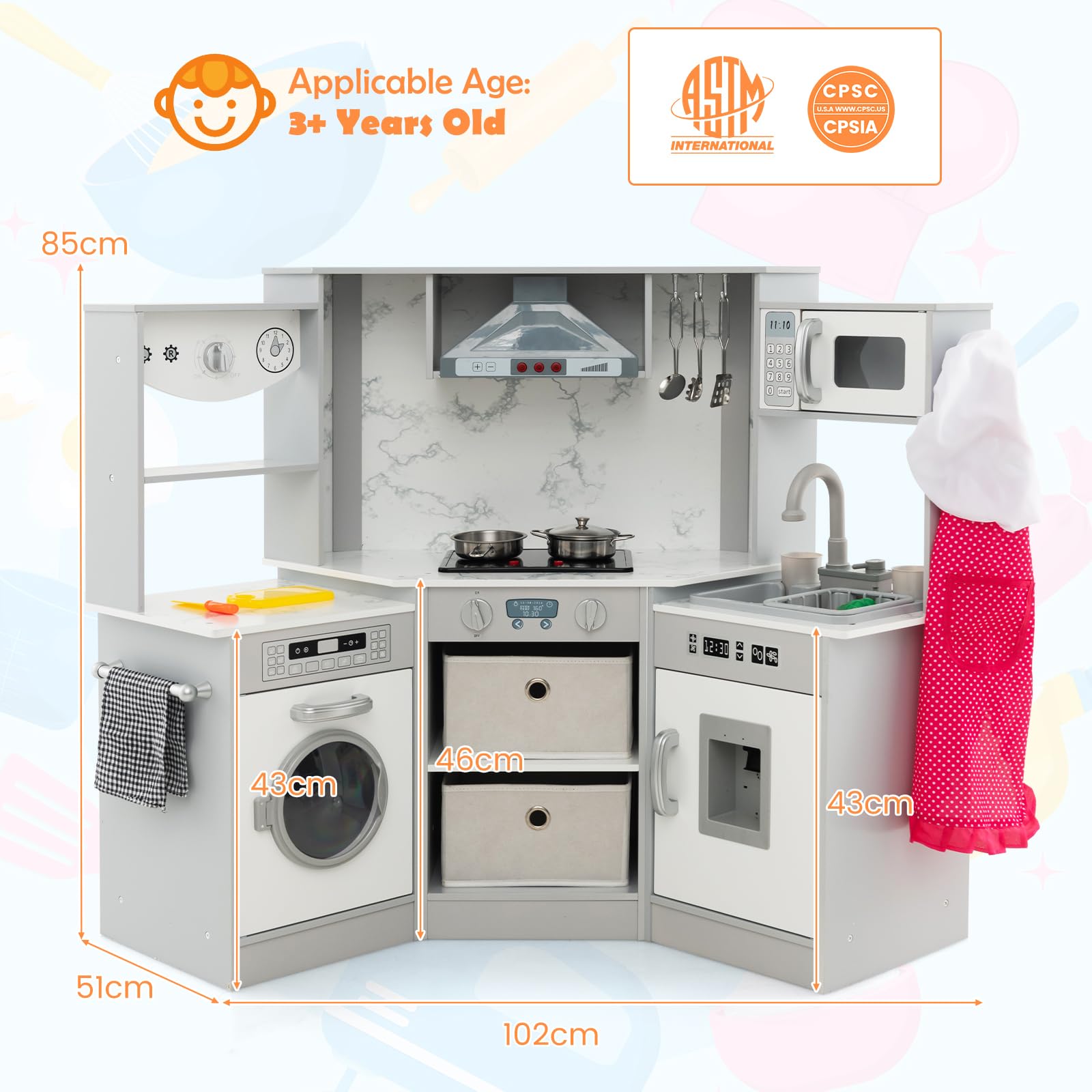 FANTASK Holzküche Kinder mit Licht & Sound, Spielküche Eck mit Dunstabzugshaube, Wasserzirkulationssystem, Wasserspender, Waschmaschine, Kinderküche mit Zubehör für Kinder ab 3 Jahren, Grau