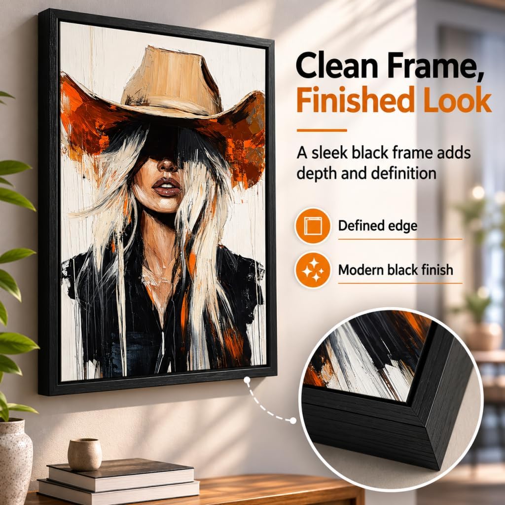 Abstract Western Cowgirl Canvas Wall Art Blonde Woman in Cowboy Hat Picture Wall Decor Modern Southwest Farmhouse Rustic Country Girl Posters Painting Prints Artwork for Girls Room Bedroom Dorm Decor