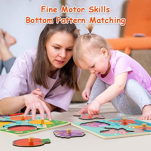 Miniatura 6 de Rompecabezas de madera para niños pequeños de 8.6 x 8.6 pulgadas, rompecabezas de clavijas de gran tamaño mejorados, 4 piezas de patrones de