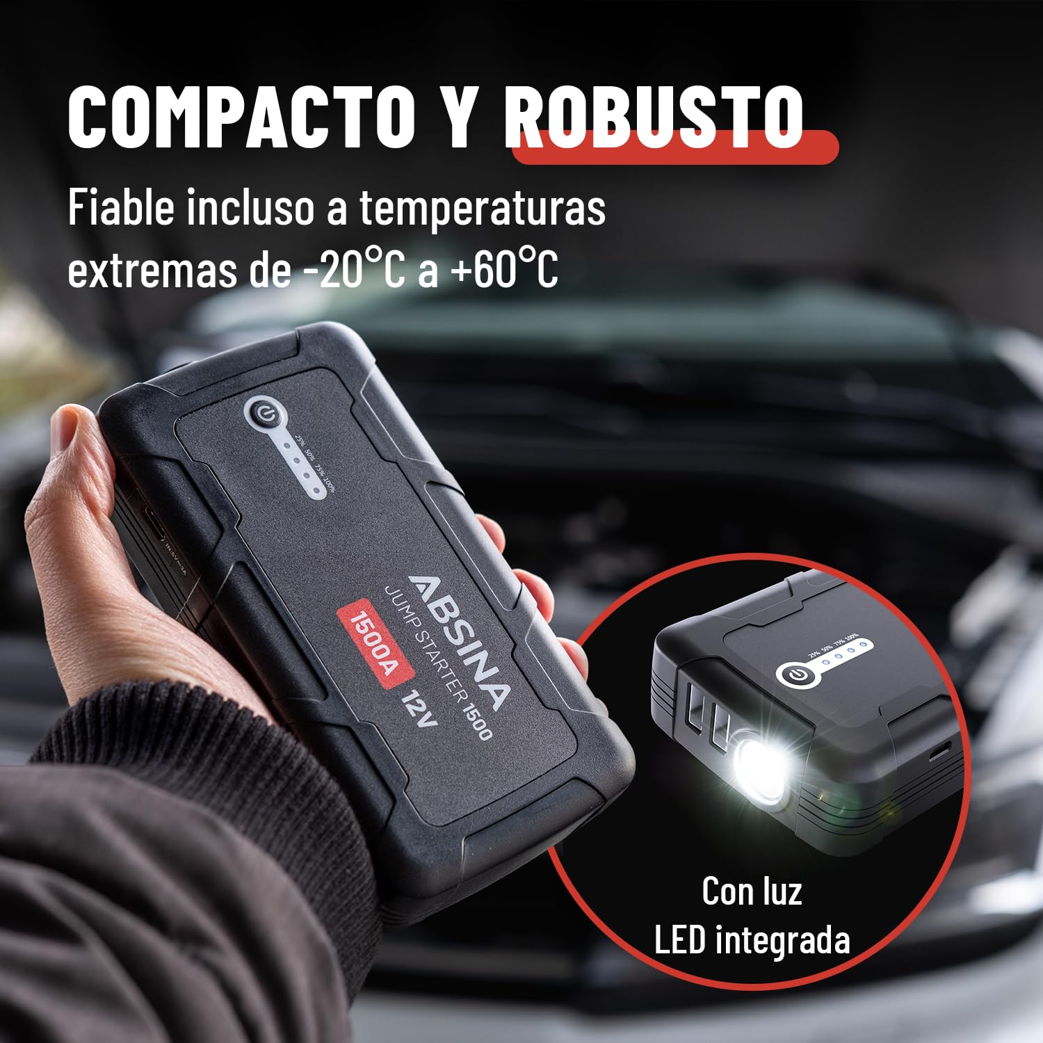 ABSINA Arrancador de baterias Coche 1500A | Arrancador coche portatil 12V adecuado para 6L Gasolina & 4L Diesel - Booster con 2 Puertos USB & Linterna - bateria