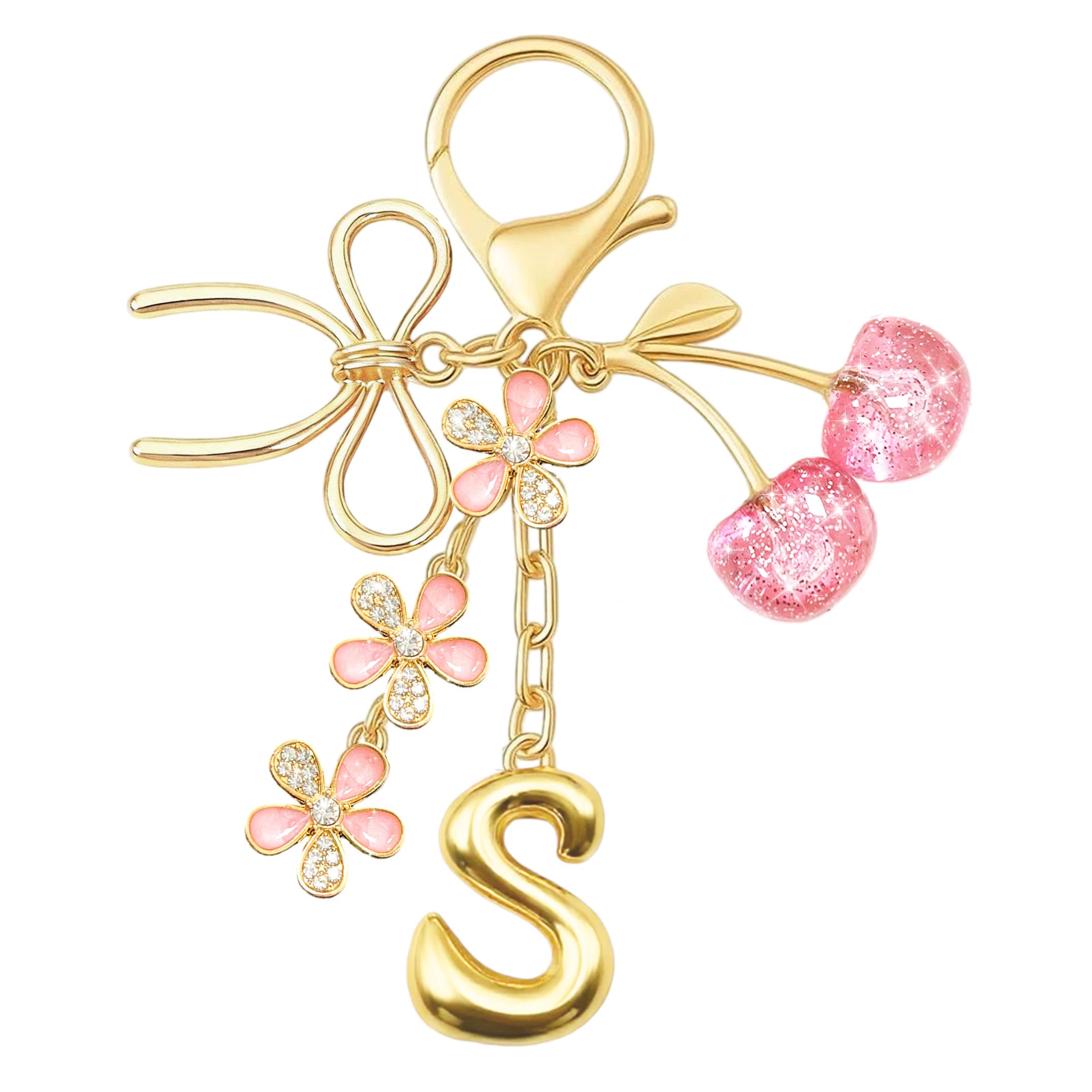 YesMvpMvp Gold Letter Bubble Initial Keychain with Bow & Cherry Strawberry- Bag Charms Handbag Accessories