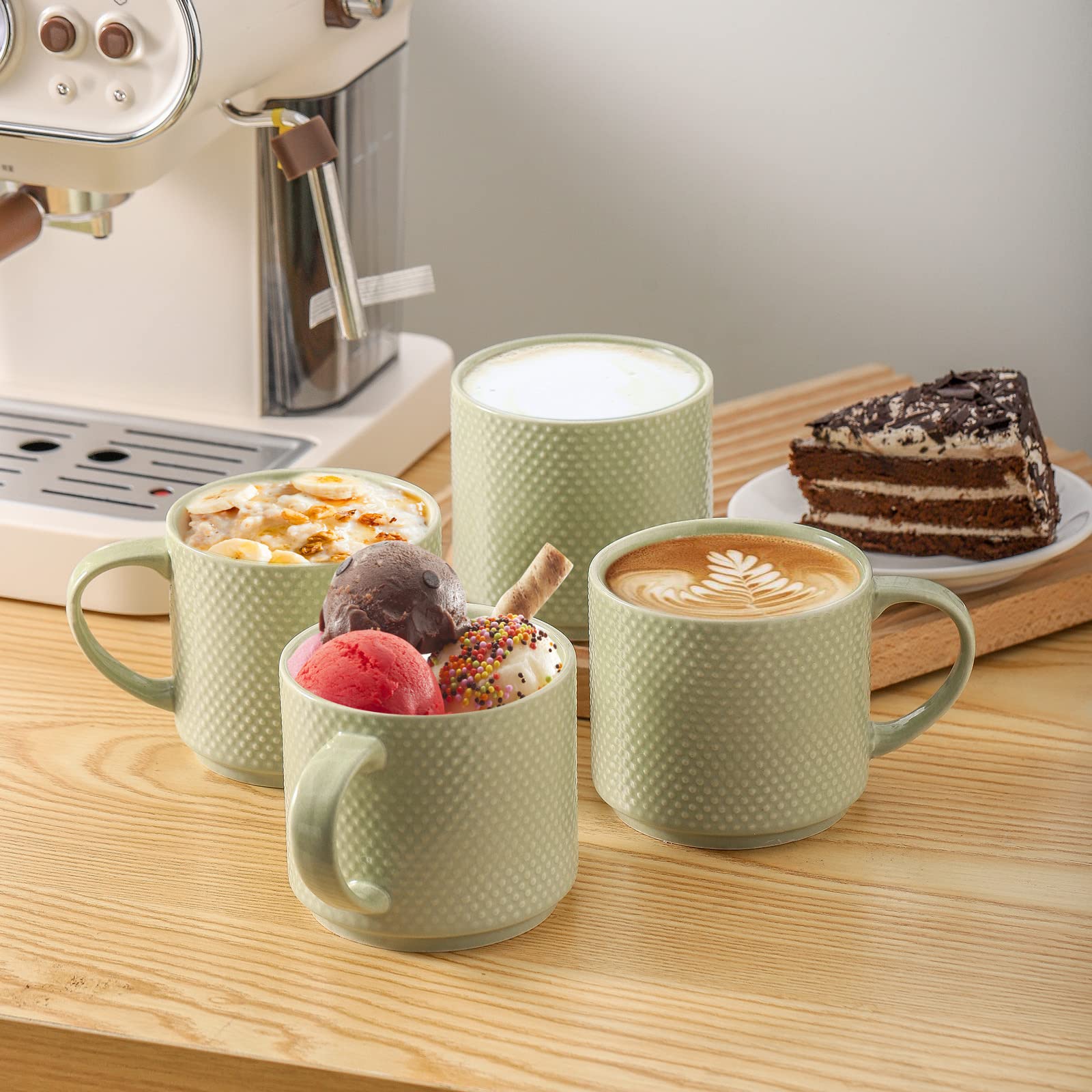 Hasense Juego de 4 tazas de café con estante, tazas de café grandes apilables de porcelana de 15 onzas con asa para bebidas como té, capuchino, leche, moca y cereales, aptas para microondas y