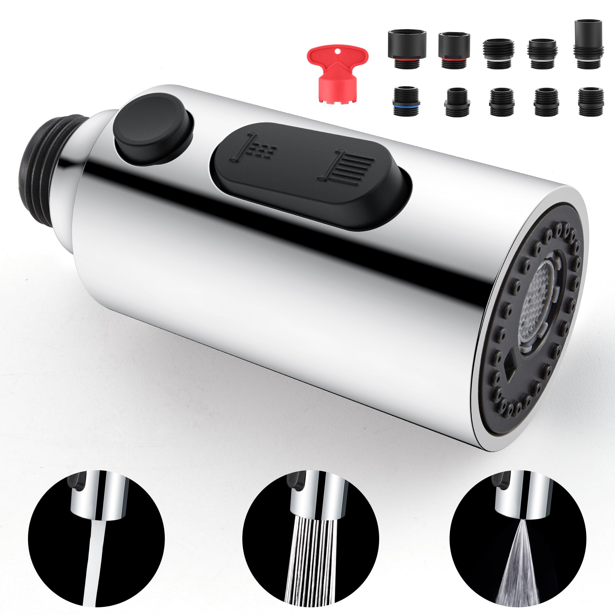 Pull Down Faucet Head Replacement, 3 Function Kitchen Faucet Spray Head, Kitchen Sink Faucet Head with 10 Adapters, Pull Out Spray Head Kitchen Faucet, Chrome