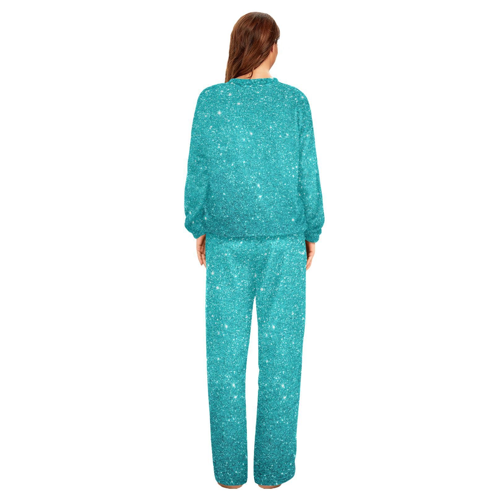 PJ Set pigiama da donna in pile morbido con glitter blu stellato e girocollo a maniche lunghe