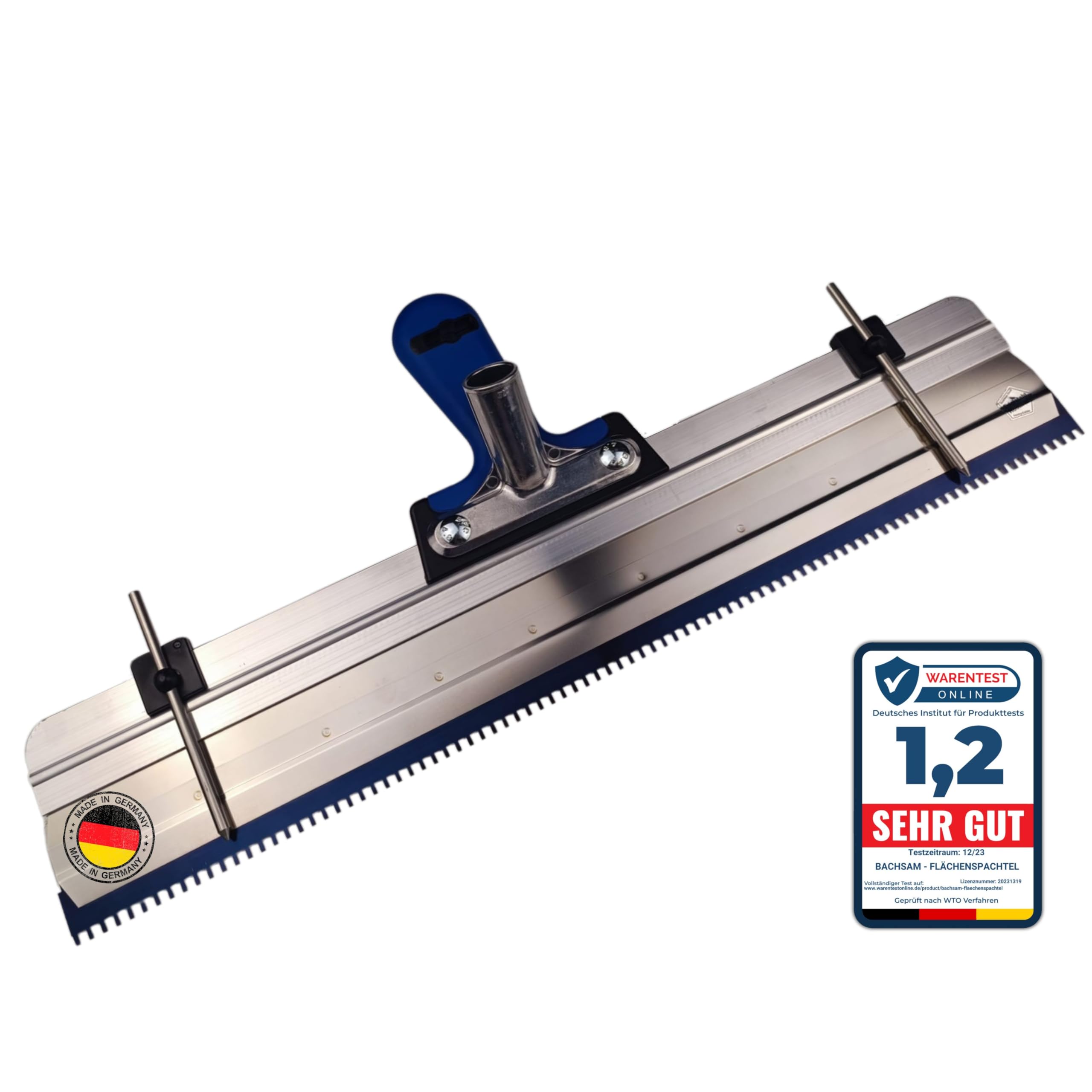Made in Germany Großflächenrakel Stehrakel für Ausgleichsmasse, epoxidböden, Profi Flächenrakel 56cm breit, Edelstahl Doppelklinge, Zahnrakel mit Softgriff, Höhenverstellung & Stielhalterung