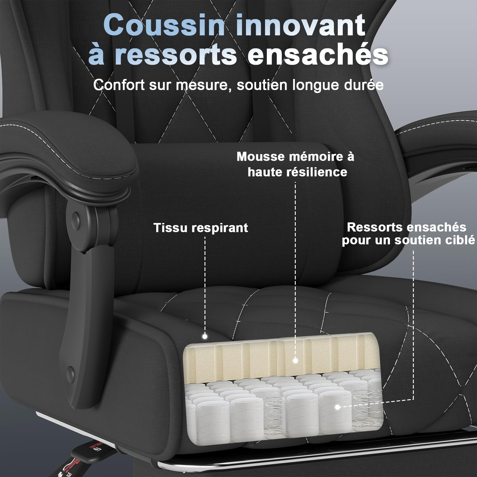Devoko Chaise Gaming Ergonomique en Tissu, Chaise Bureau Gamer avec Repose-Pieds, Dossier Inclinable, Hauteur Réglable, Massage Lombaire, Fauteuil Gamer Respirant et Anti-Griffes pour Chat, Noir