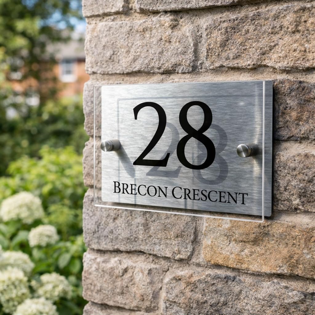 Personalised House Numbers Plaques by Blitz Craft | Glass Effect Acrylic and Silver Mirrored Finish | Custom Address Text with Door Numbers for Outside, Weatherproof Design with Fixings (200x130mm)