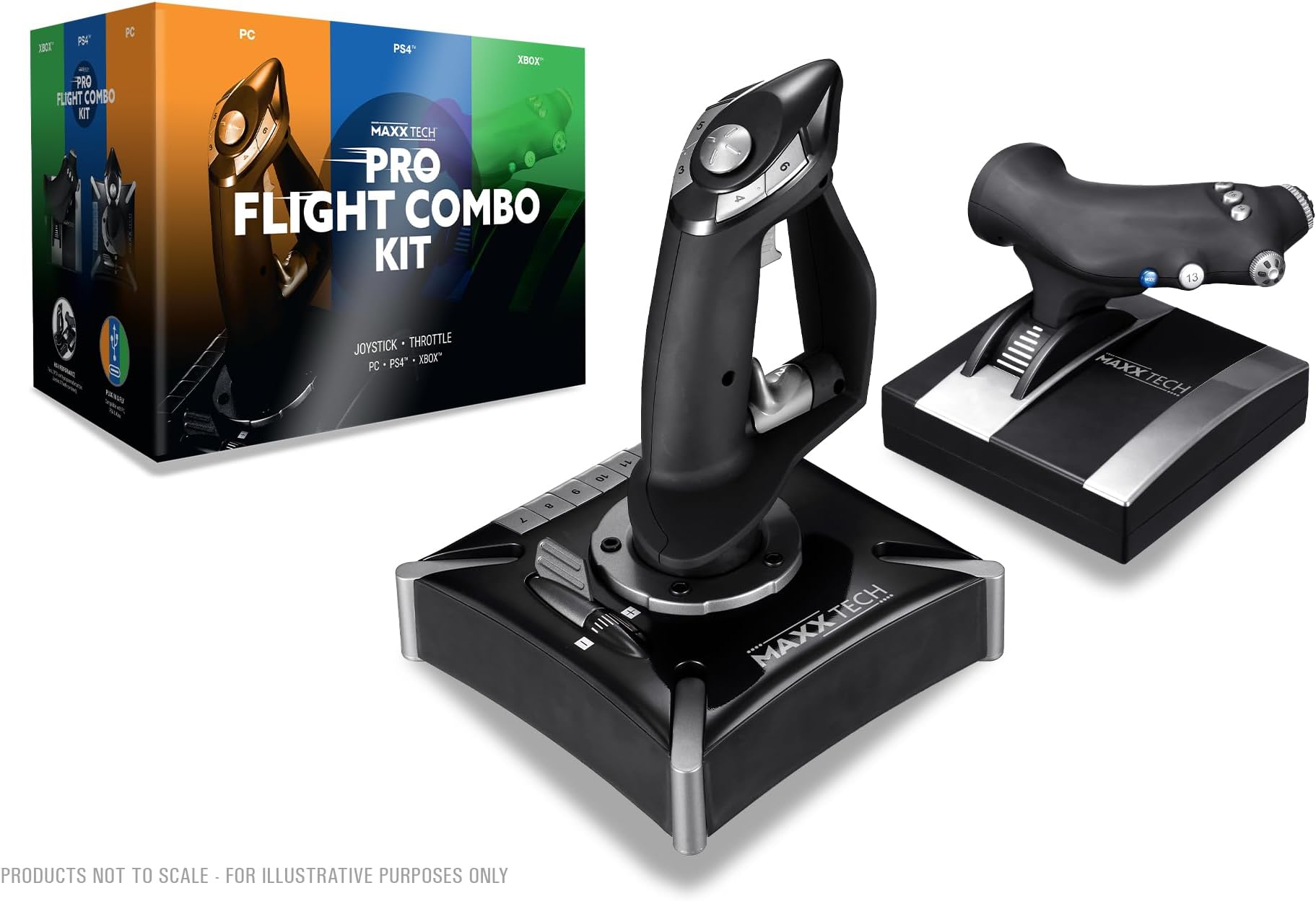 MAXX TECH HOTAS Pro Flight Combo Kit für PC, Xbox & PS4, Joystick - 8-Wege-HAT-Schalter, Schnellfeuer-Auslöser, Dreh-Ruder-Steuerung & Schiebeachse