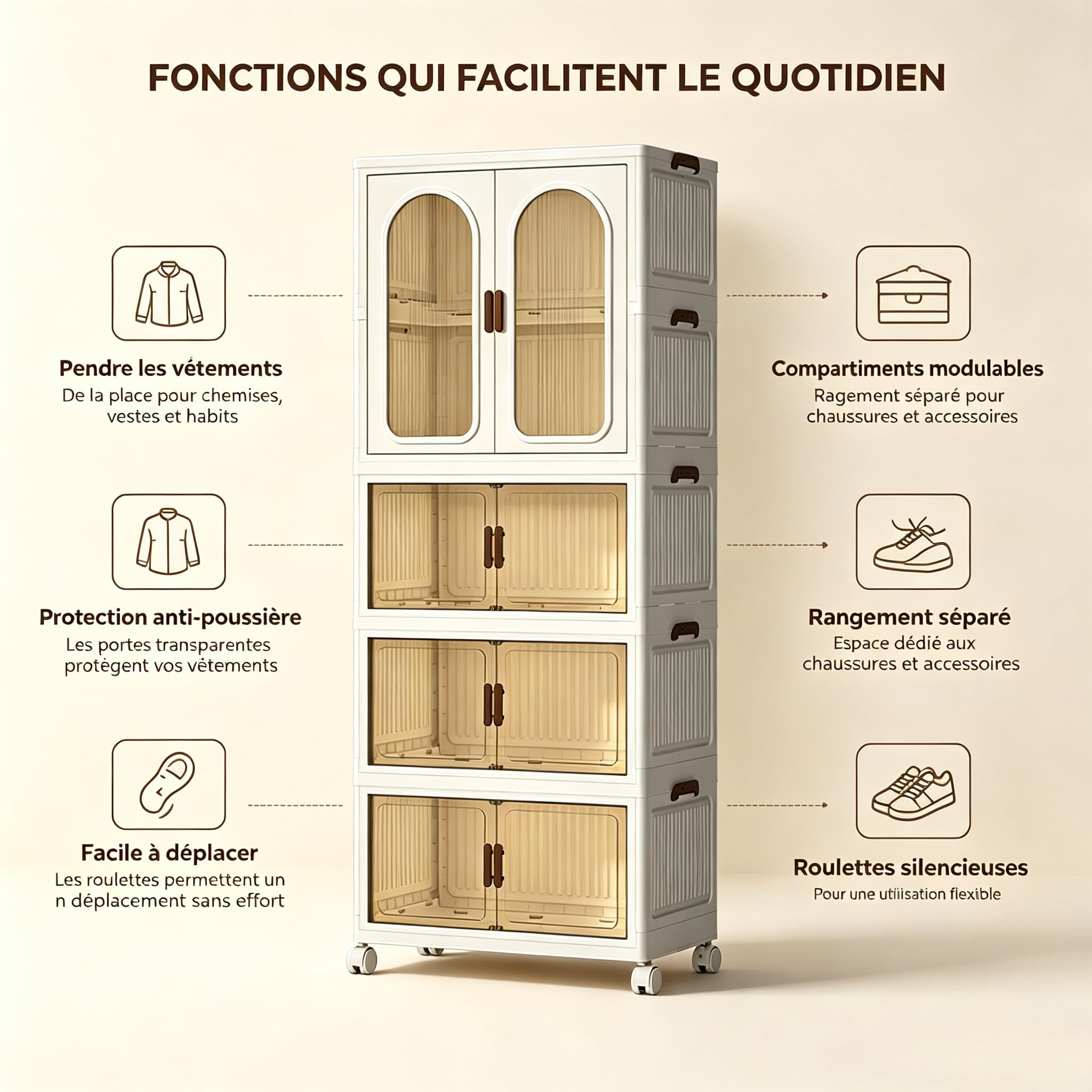 Armoire à vêtements pliable à roulettes, capacité 365L, 3 étagères en plastique, portes transparentes, anti-poussière et résistante à l'humidité