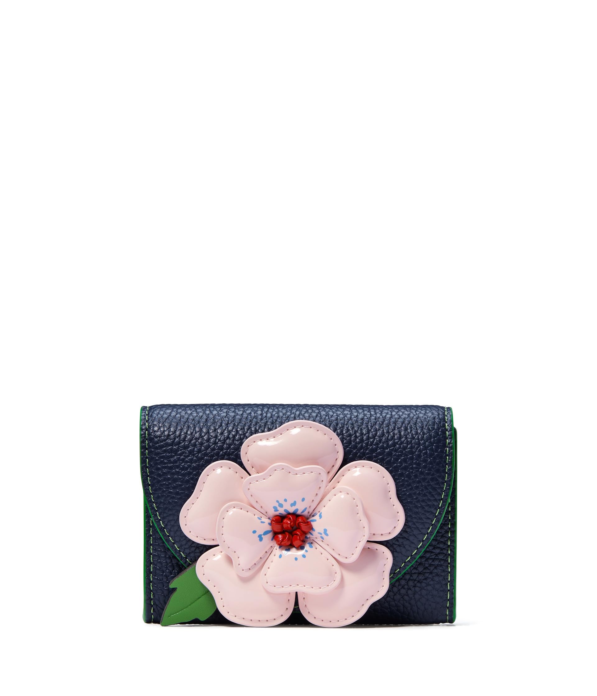 kate spade new york IN THE Garden Floral Applique Pebbled Leather Flap Card case, Parisian Navy Multi