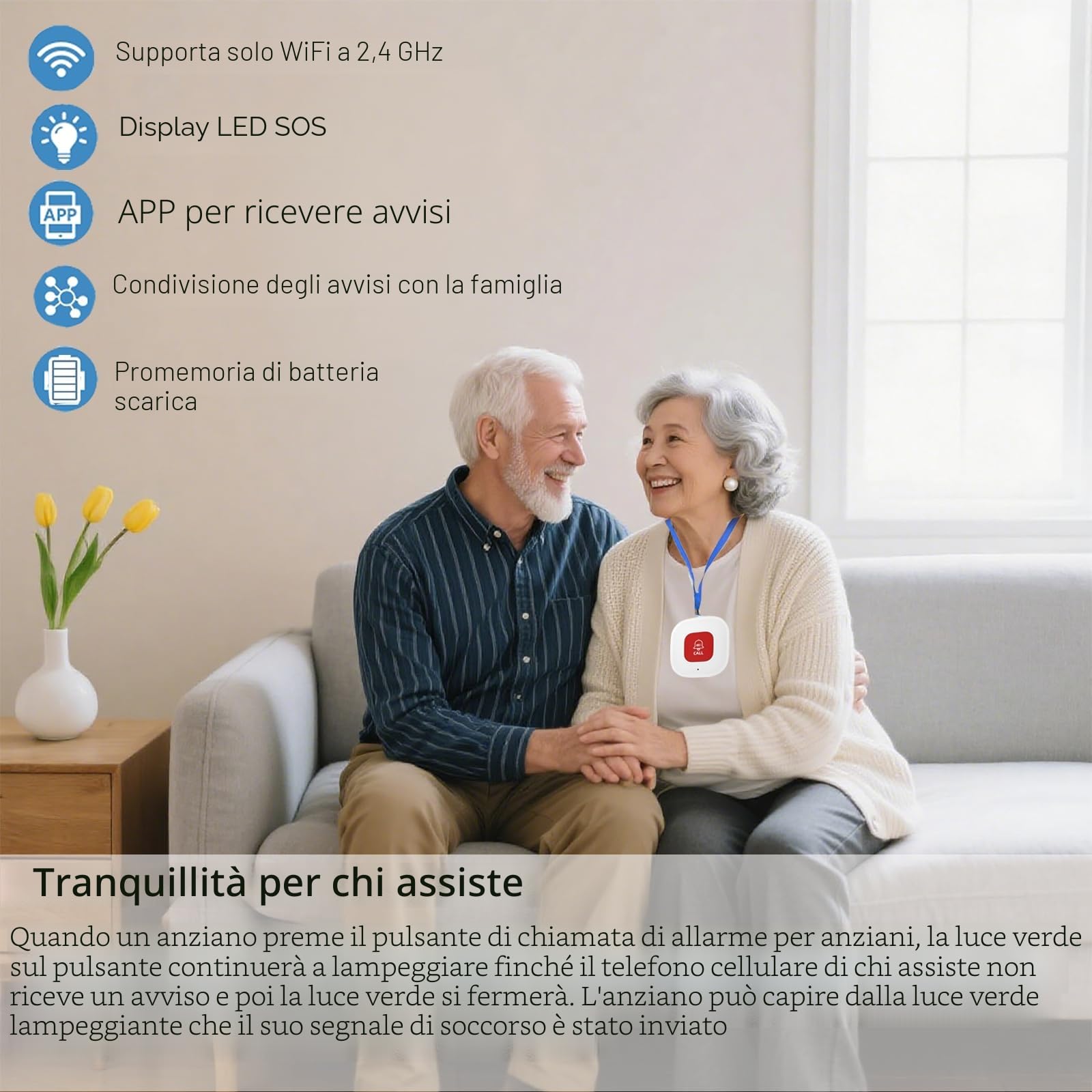 WiFi Pulsante Salvavita Anziani Sistema di Allarme di Emergenza per i Cittadini Anziani Pazienti Disabili Anziani (Supporto solo 2.4GHz Wi-Fi) (WiFi Pulsante (Non è necessario alcun ricevitore))