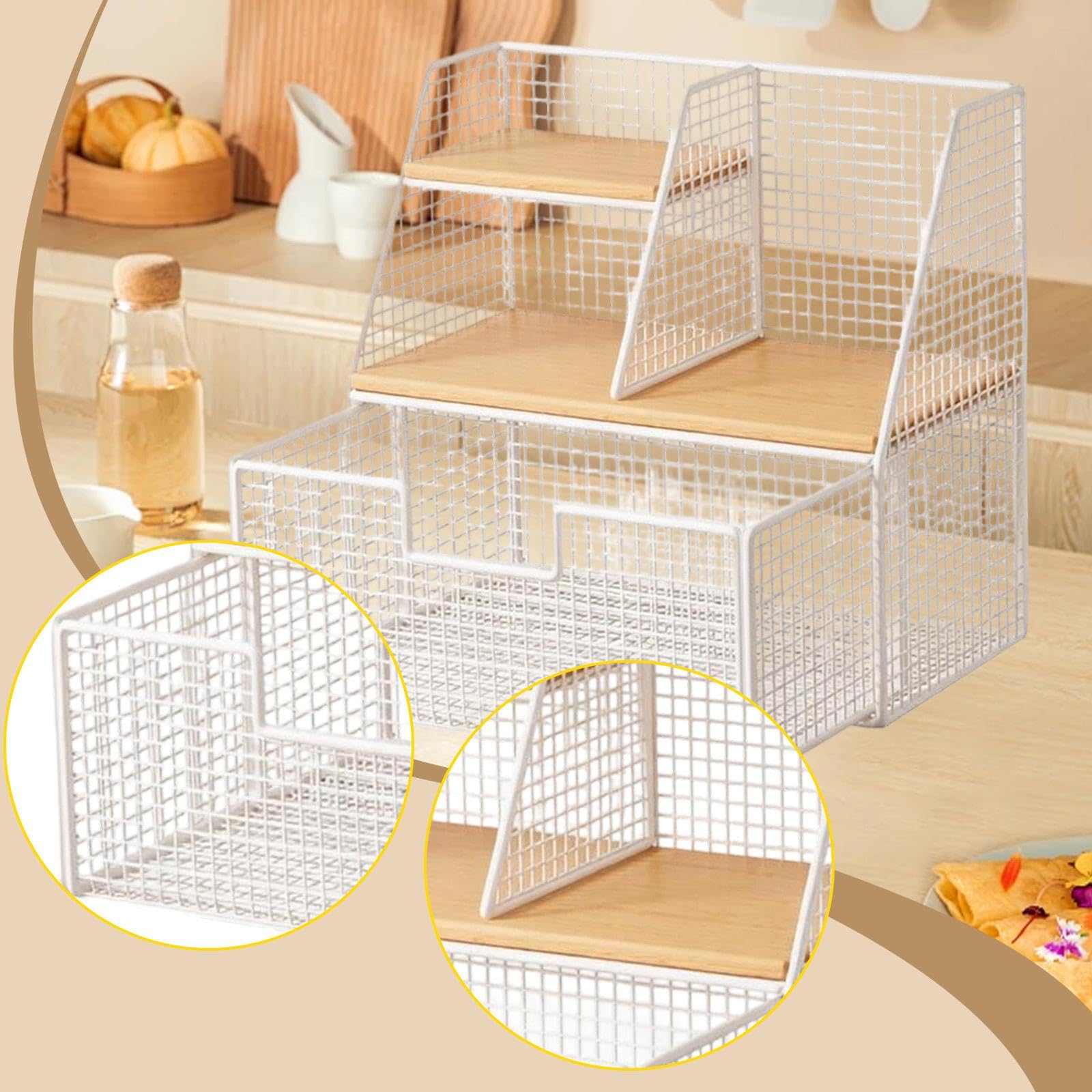 Qianly Organisateur de Sachets de Thé en Bois, Support de Rangement pour Sachets de Thé, Boîte de Rangement Compartimentée en Fer, White L