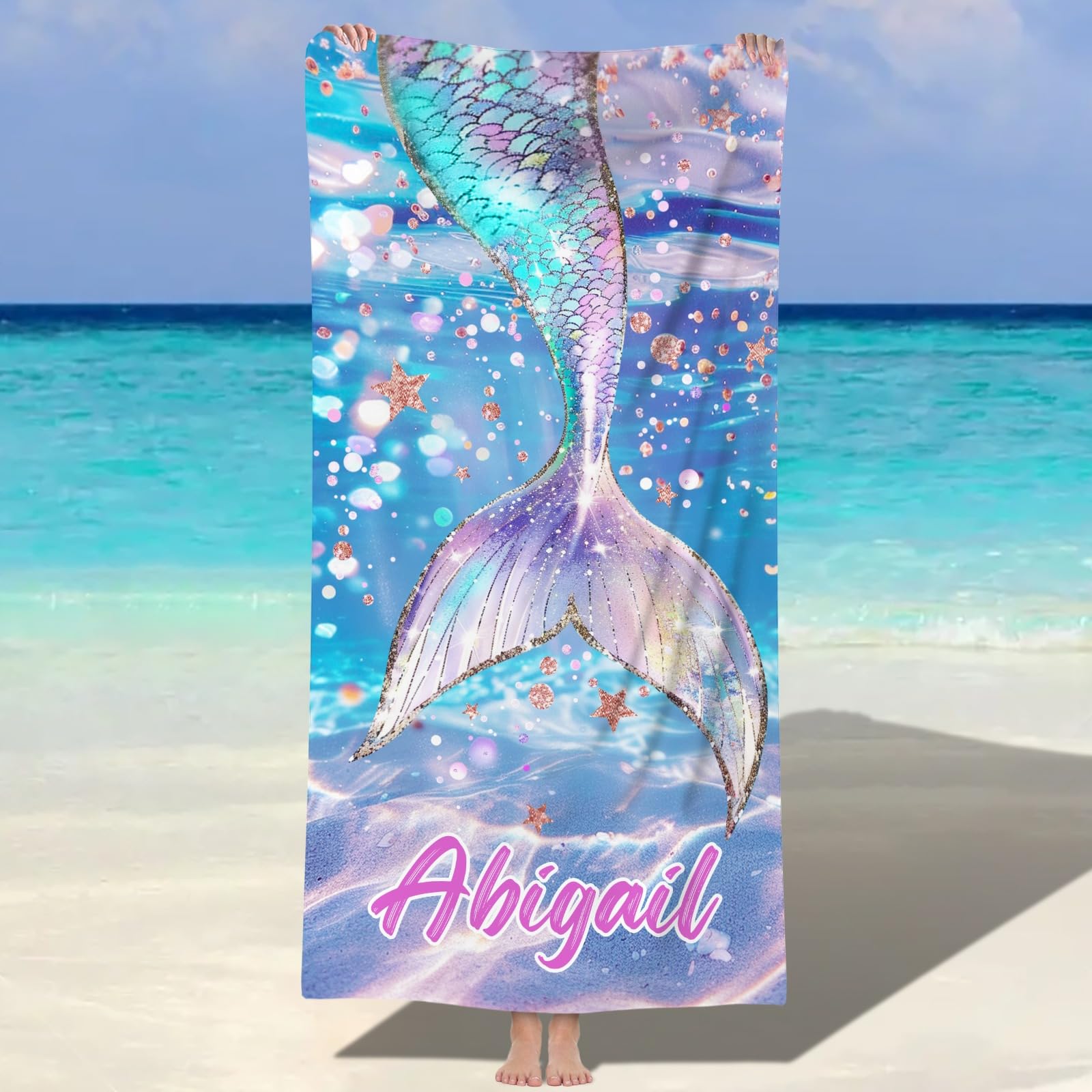 Jodimitty Personalised Beach Towel Custom Name Microfibre, Lightweight Quick Dry Bath Towel for Beach Pool Party, Gift for Family Friend, 60x120cm/76x152cm/90x180cm (Fish Tail)