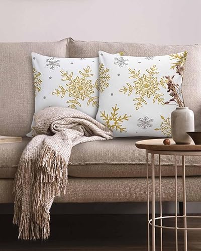 Miniatura 2 de Paquete de 2 fundas de almohada decorativas de algodón, diseño de copo de nieve dorado de 18 x 18 pulgadas, cuadradas, reversibles, suaves, para
