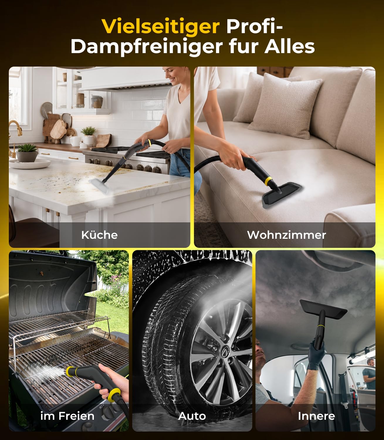 Dampfreiniger Handgerät mit 18-Teiligem Zubehör, 9s Turbo-Dampf mit 5 BAR Druck – 99,99% Reinigung & 100% Natürlich,Steam Cleaner für Boden, Küche, Bad, Fenster, Polster(Upgrade-Yellow)