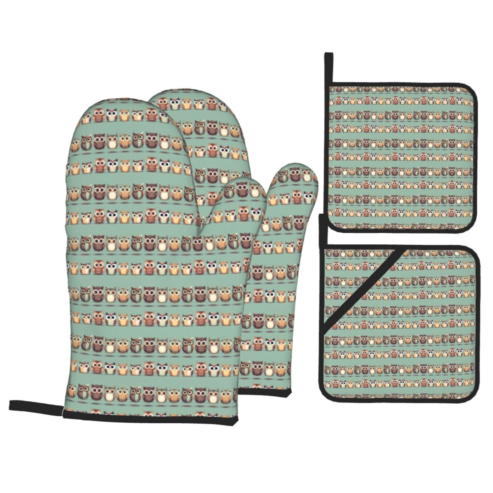 Cartoon Owls Cute Print 4-Piece Oven Microwaving Set Waterproof Kitchen Gloves for Baking Grilling Cooking