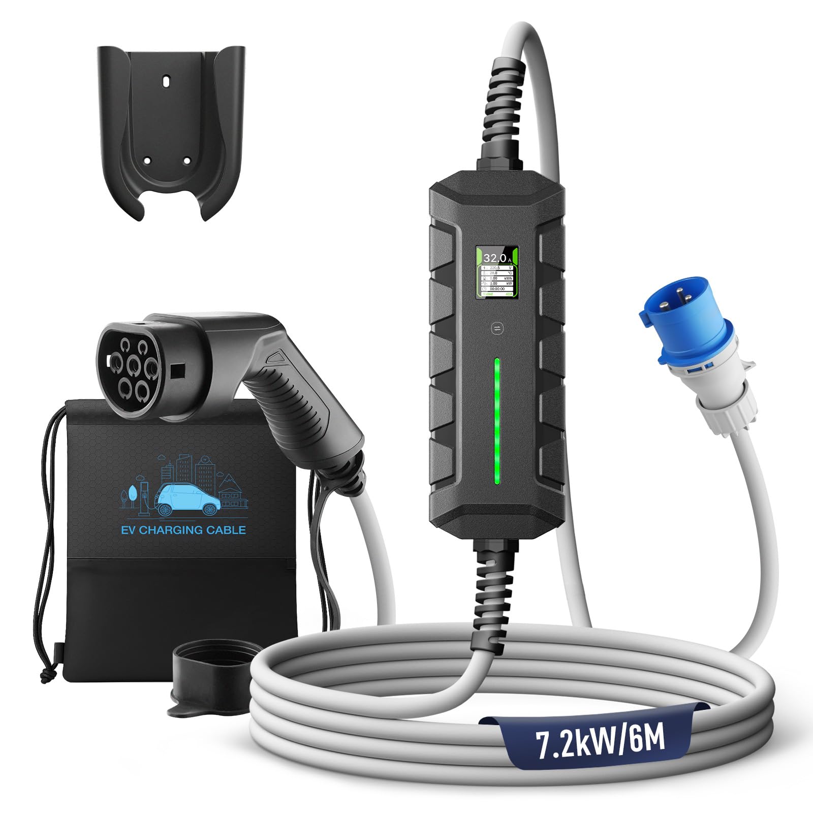 Caricatore EV 1 fase tipo 2 Mobile Wallbox 7,2 KW con spina 32 A, caricatore EV 1 fase con cavo di ricarica da 6 m, IP66, impermeabile, stazione di ricarica mobile per EV PHEV