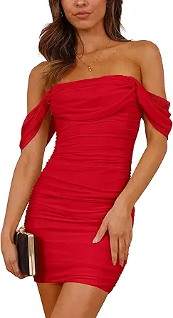 PRETTYGARDEN Cocktail Dresses 2025 Summer Off Shoulder Sexy Bodycon Ruched Mesh Graduation Wedding Guest Mini Short Dress