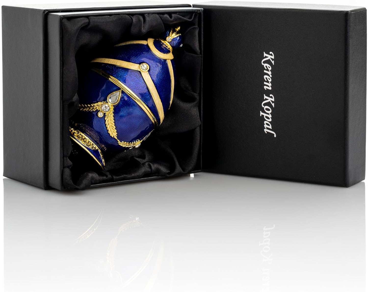 Keren Kopal Blue Faberge Egg with Golden Piano Surprise Trinket Box Handcrafted Pianist Gift