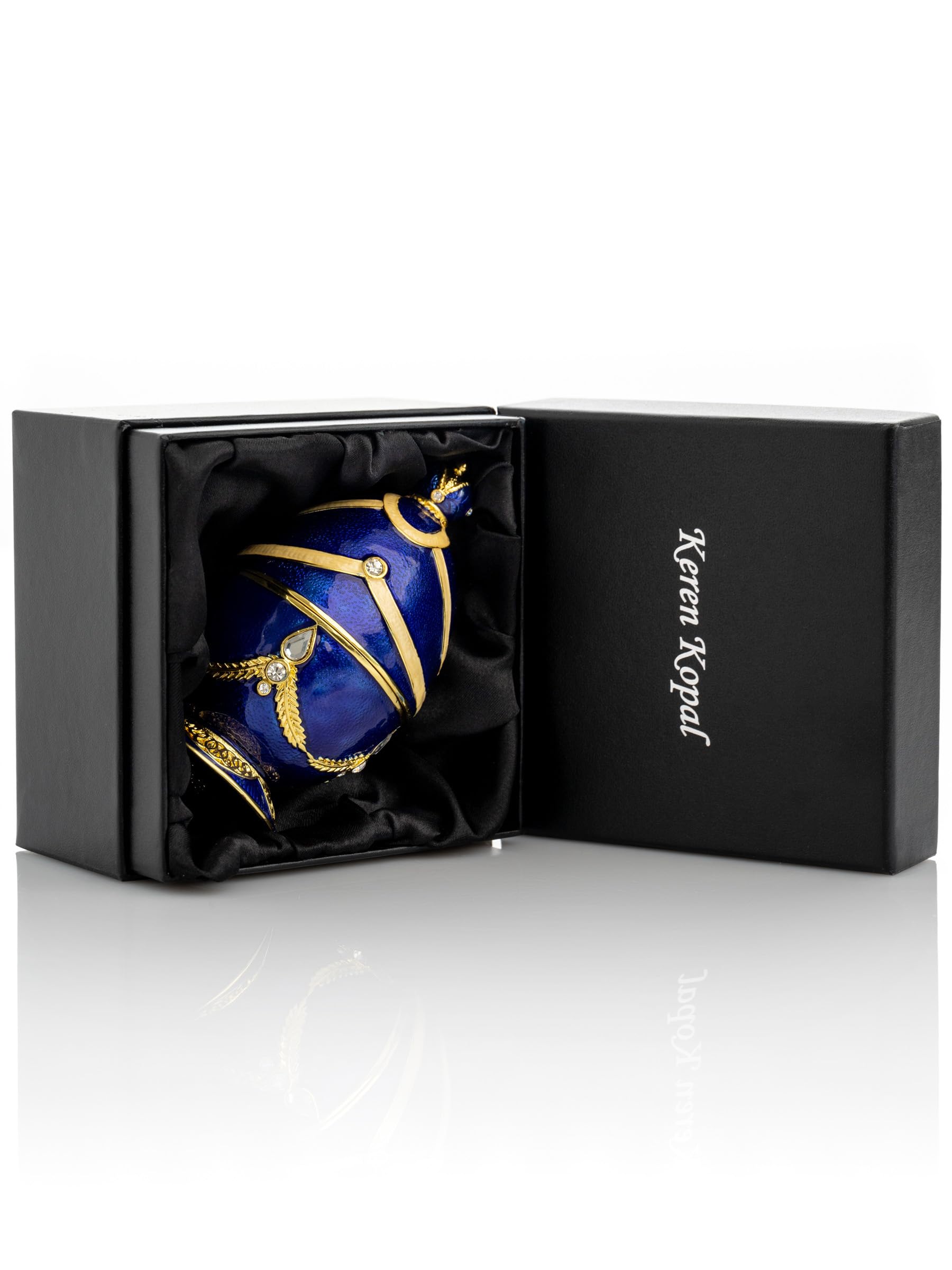 Keren Kopal Huevo de Fabergé azul con piano dorado, caja sorpresa hecha a mano, regalo para pianista