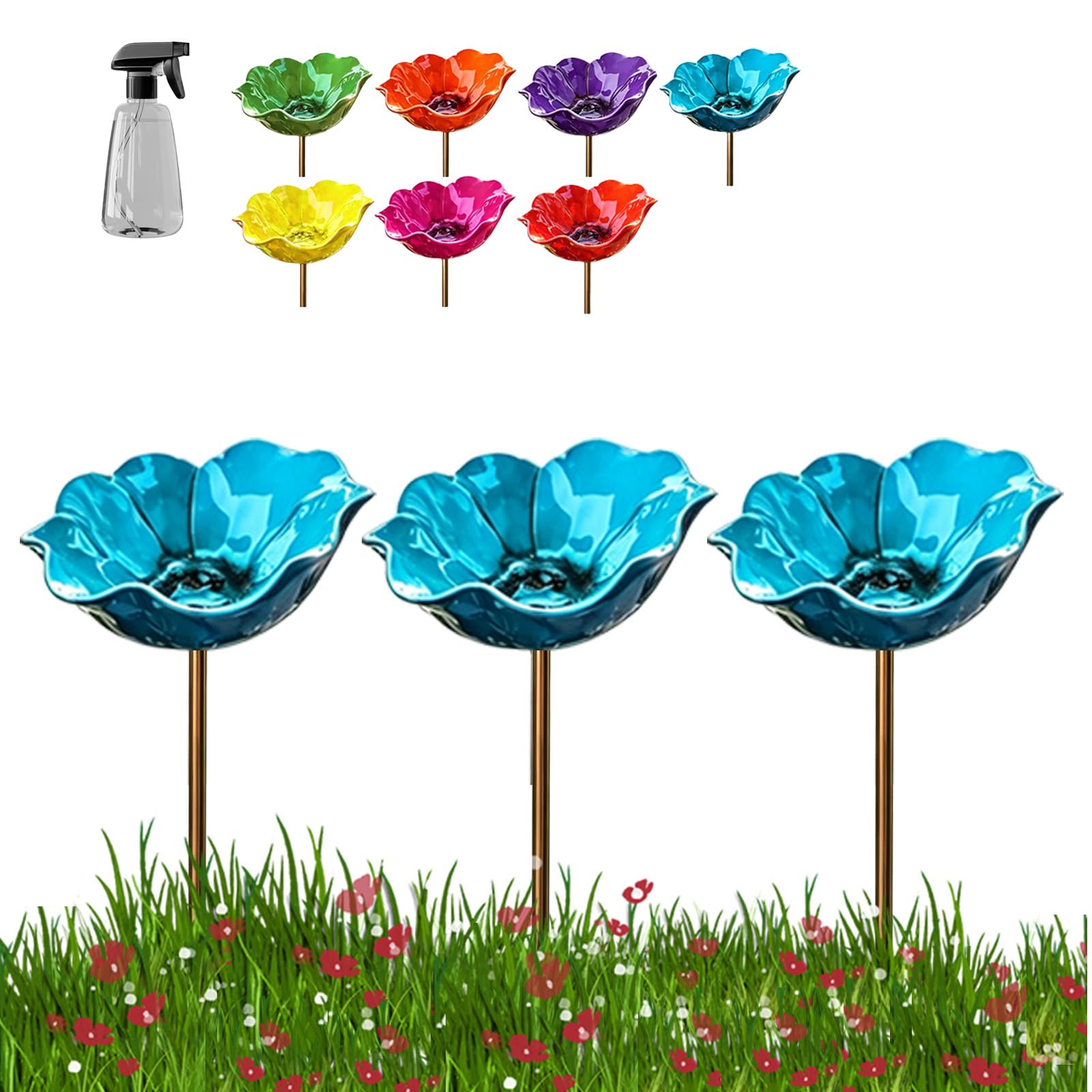 Handmade Metal Flower Garden Stake, Flower-Shaped Bird Bath & Bird Feeder for Nature Lovers, Colorful Butterfly Bee Watering Station for Outdoor Garden Lawn Yard Patio Landscape Decor (Blue×3)