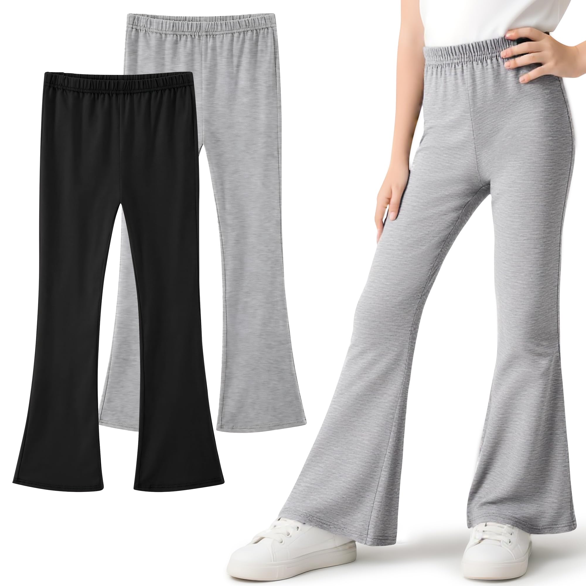 Leggings Flare pour Fille, Lot de 2, Coton Respirant Elastique Bootcut Legging,Couleur Unies Décontracté Doux Danse Sport Pantalon évasé Enfant Vêtements âge 5-16 Ans