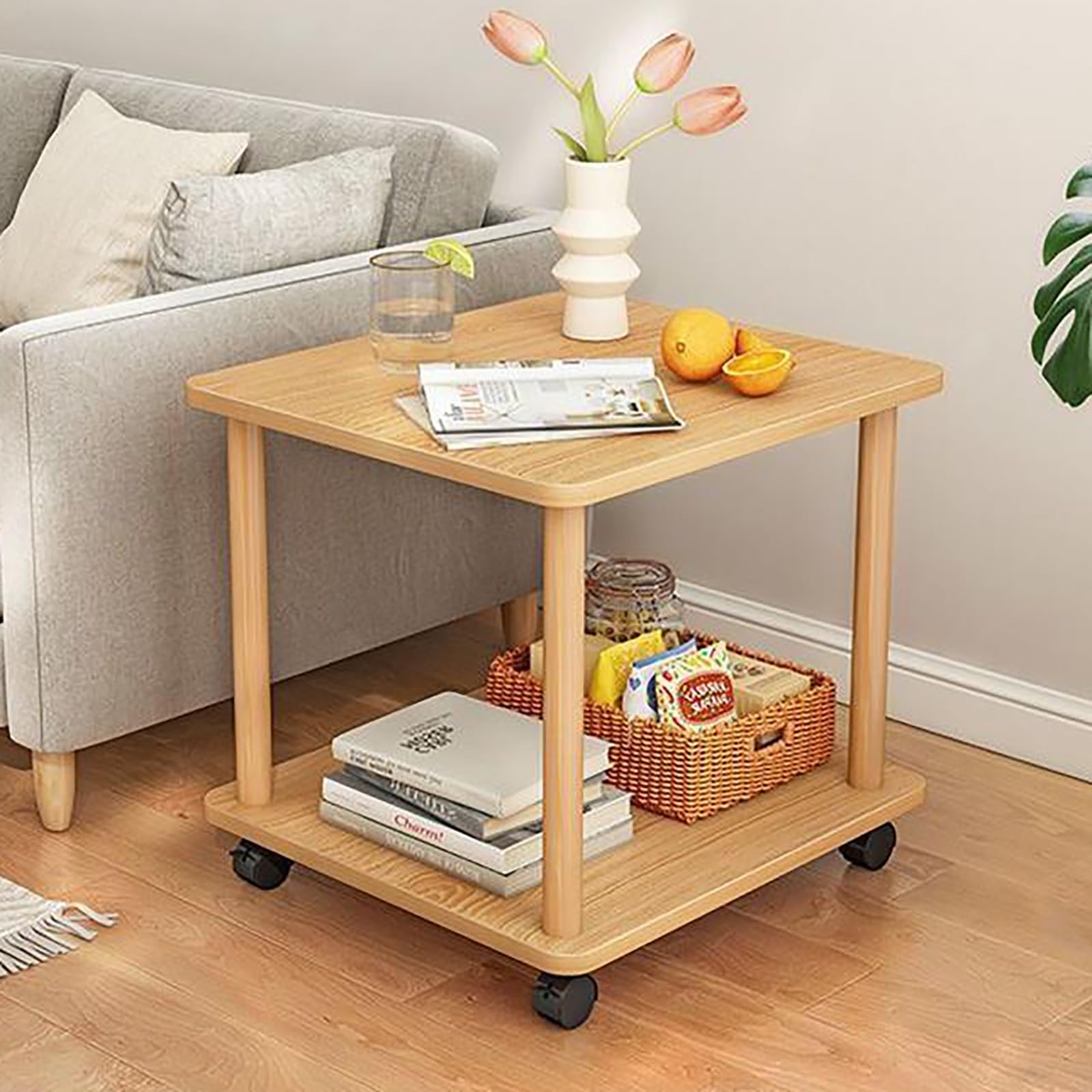 Mesa Auxiliar De 2 Niveles con Ruedas,Mesas Auxiliares De Madera para Salon,Mesa Sofa Estrecha Pequeña,Mesa De Centro para Salón Moderno,Mesita De Noche(Brown,60 * 30cm/23.6 * 12in)