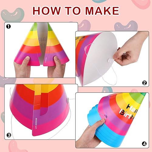 Miniatura 5 de Boao 20 sombreros de fiesta de cumpleaños arcoíris con pancarta de feliz cumpleaños, sombreros de cono coloridos para adultos y niños pequeños