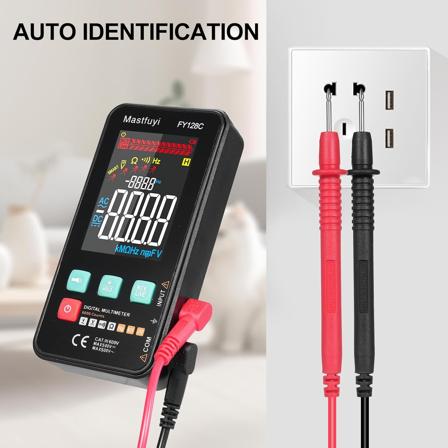 The FY128C Smart Digital Multimeter with test leads inserted into a wall outlet, demonstrating auto identification mode for voltagpomiar.