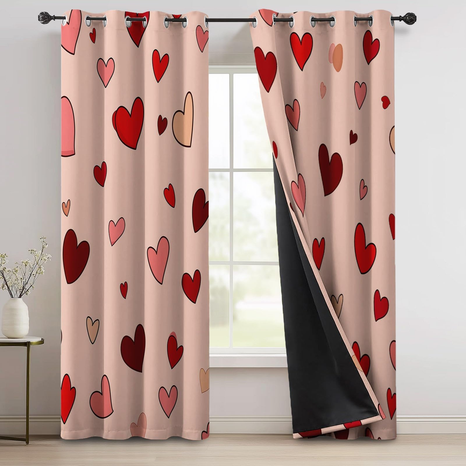 Design Plat Mignon Cœurs Roses Rideau Occultant Lot de l'enfant, Rose Clair Rideaux Acoustiques Opaque Petites Fenêtres Décoration - pour Salon Chambre avec Œillets 100L X 220H cm