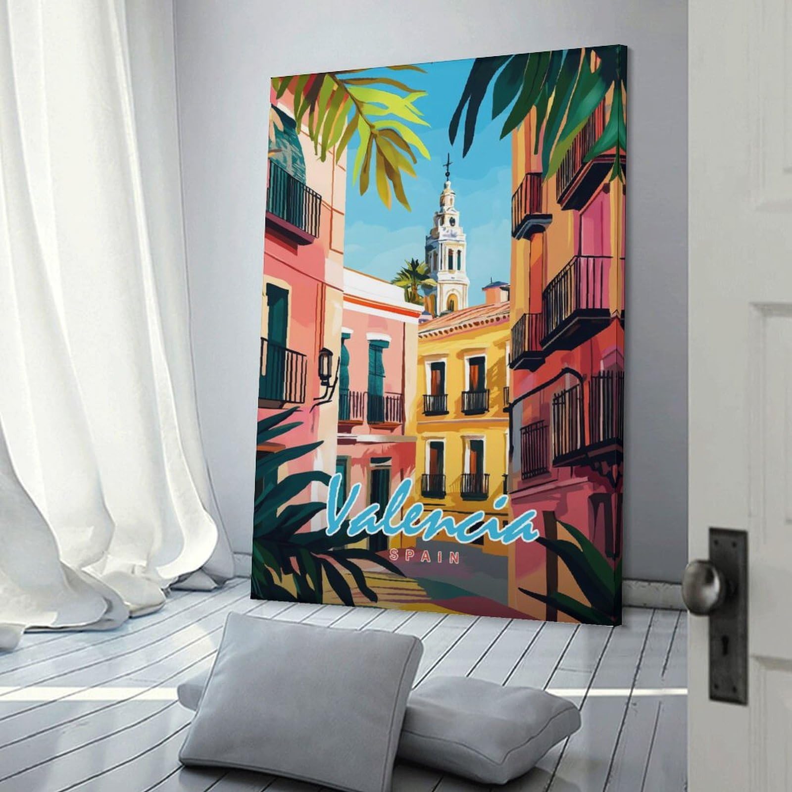 Junmoney Valencia Street Scene Wall Picture Print, 24x36inch(60x90cm), for Flats, Guest Rooms Or Compact Rooms, Decorative Canvas Decor for Home Updates