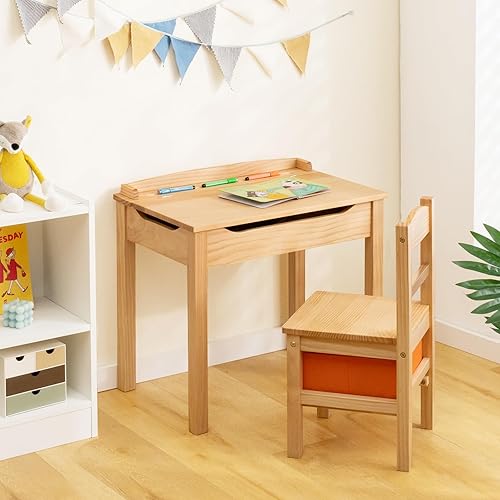 Miniatura 57 de HONEY JOY Juego de mesa y silla para niños, escritorio y silla de madera con cajón, soporte para rollo de papel y 2 rotuladores, juego de mesa de