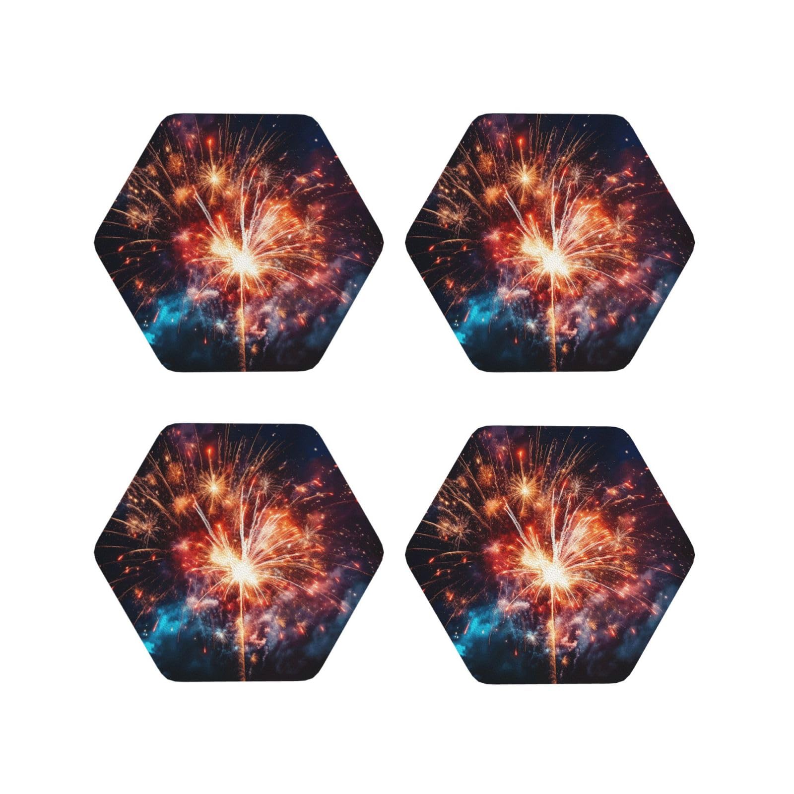 4Pcs PU Leather Coaster for Drinks, Explosion Firework Cup Coastersr 4" Cup Mat Pad, Aesthetic Drink Coasters for Coffee Table, Hexagon Coaster for Tabletop Protection