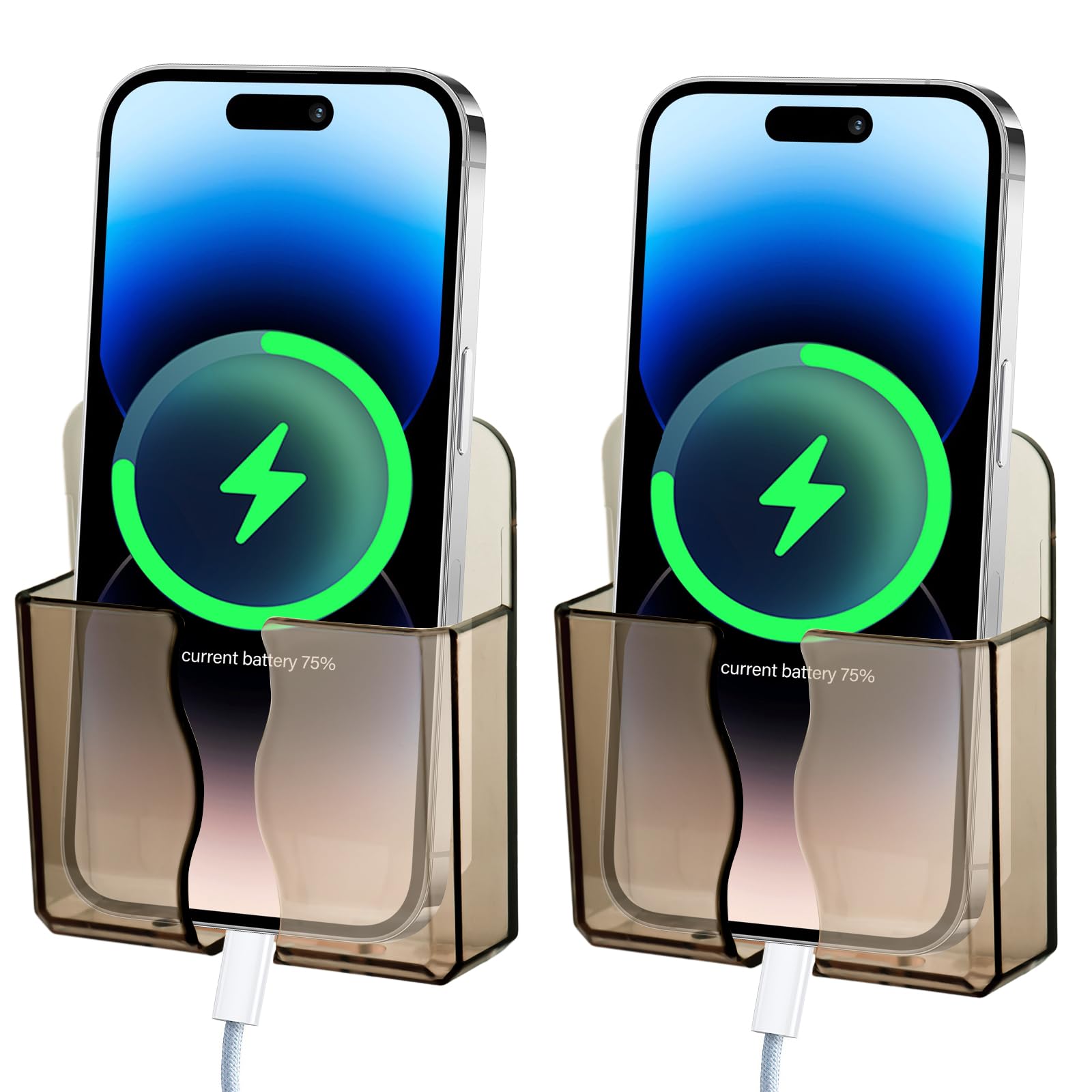 2 Pack Wall Mounted Phone Holder, Cell Phone Stand with Self Adhesive, Phone Holder with Data Line Receiving Hole for Charging, Compatible with iPhone and Android (Clear Brown)