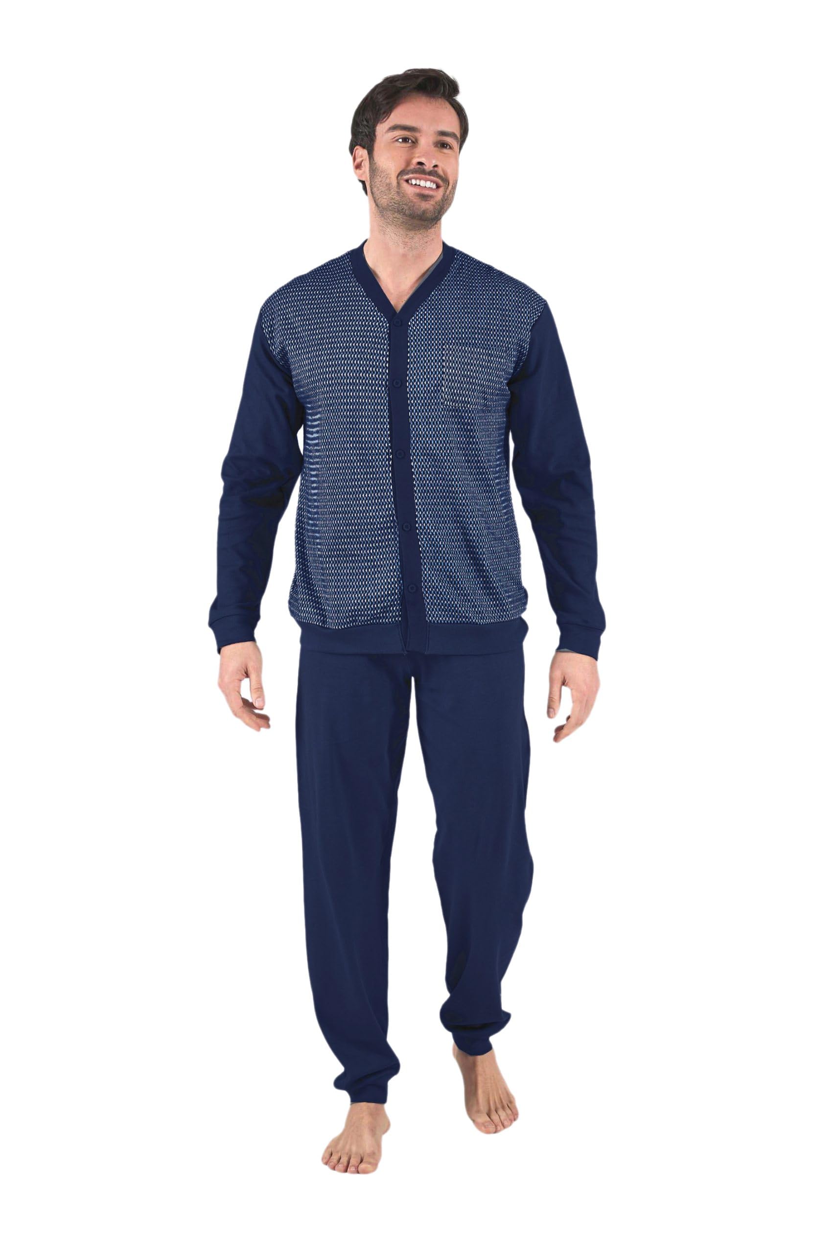 Pigiama lungo uomo 100% caldo cotone Aperto Classico con taschino e polsini