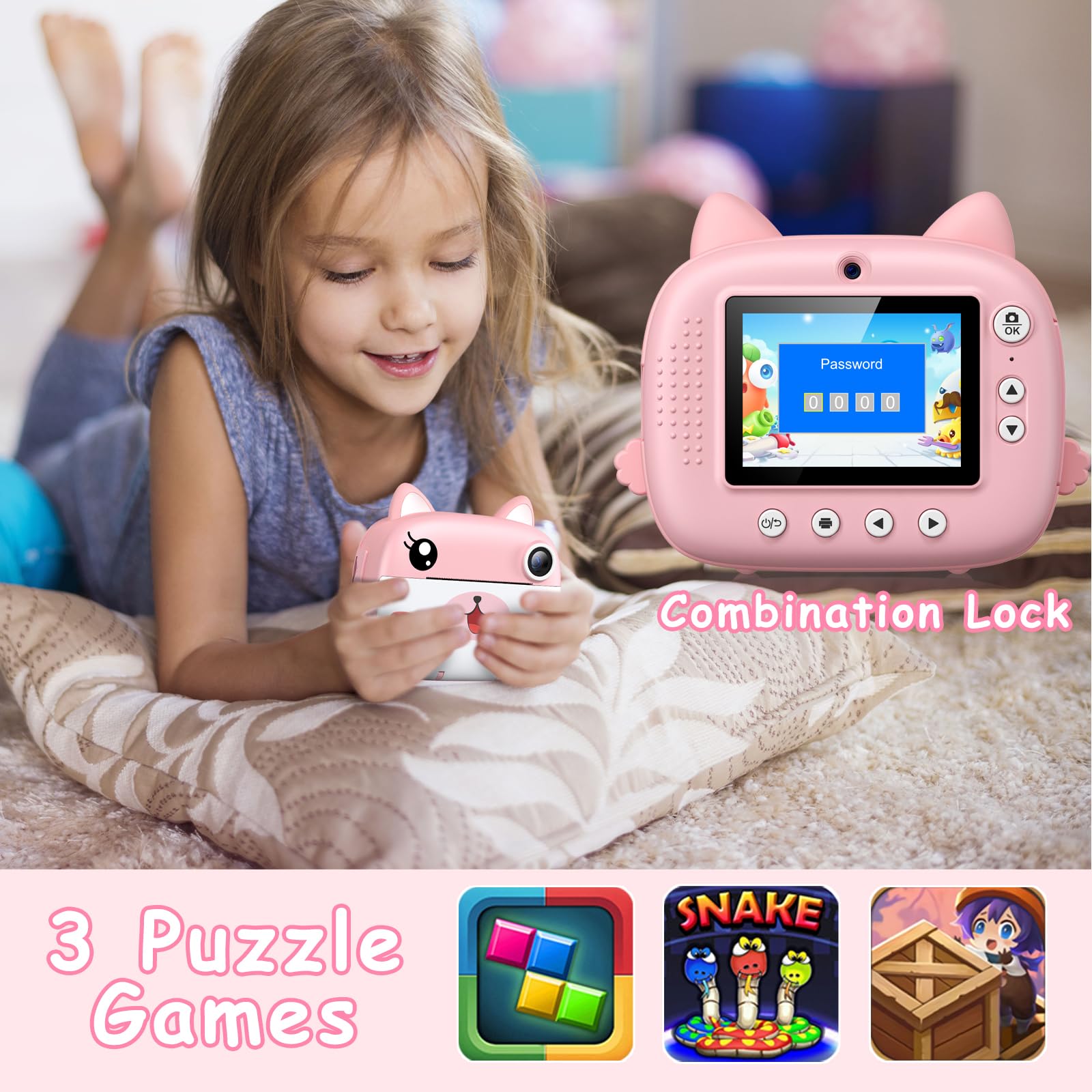 Child playing with the camera, showing the combination lock and puzzle games