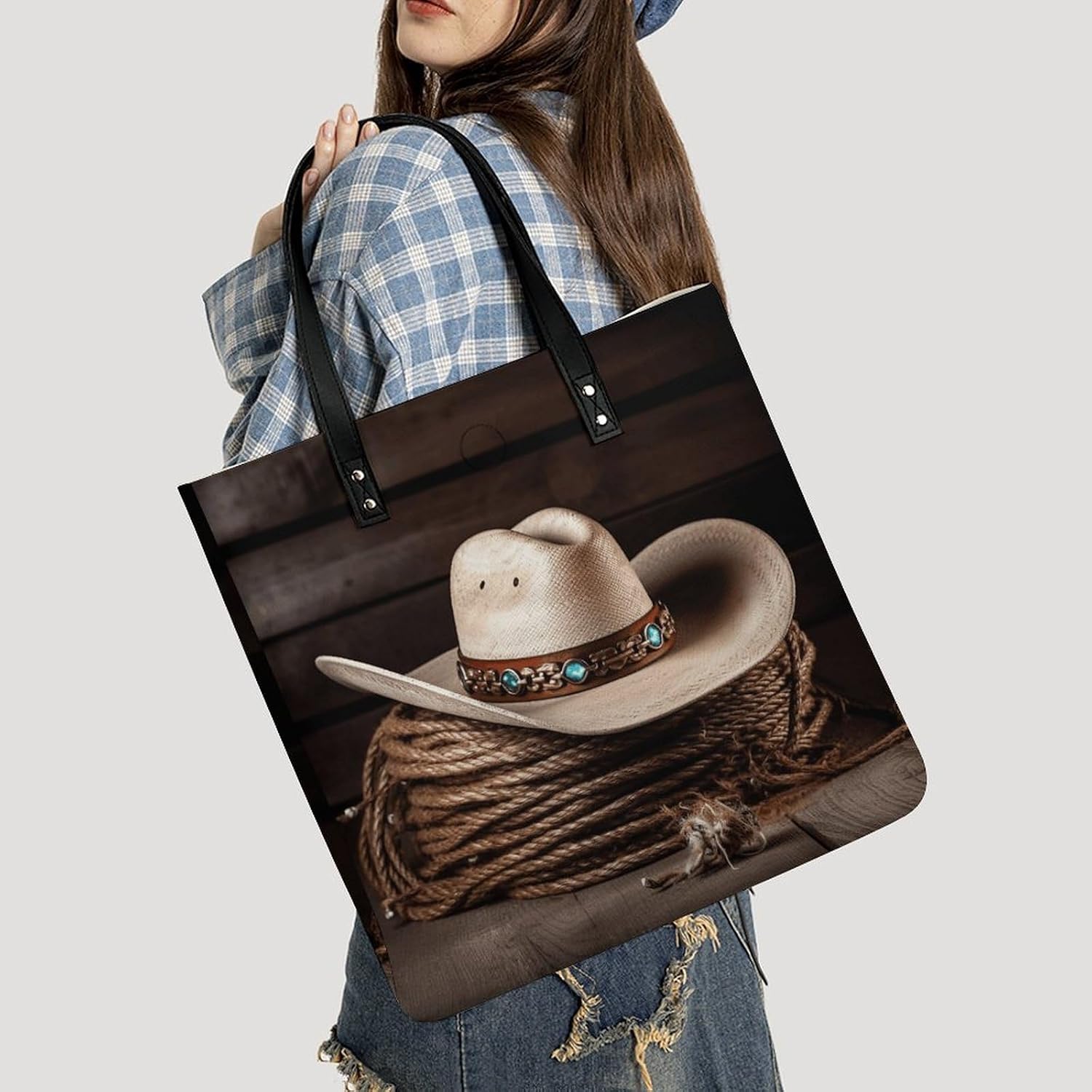 American West Rodeo Hat Tote Bag with Magnetic Buckle Reusable Grocery Bags Lightweight Cross Body Handbag for Daily Essentials